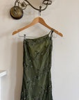Vintage 90s Pure Silk Embellished Asymmetrical Midi Dress Olive