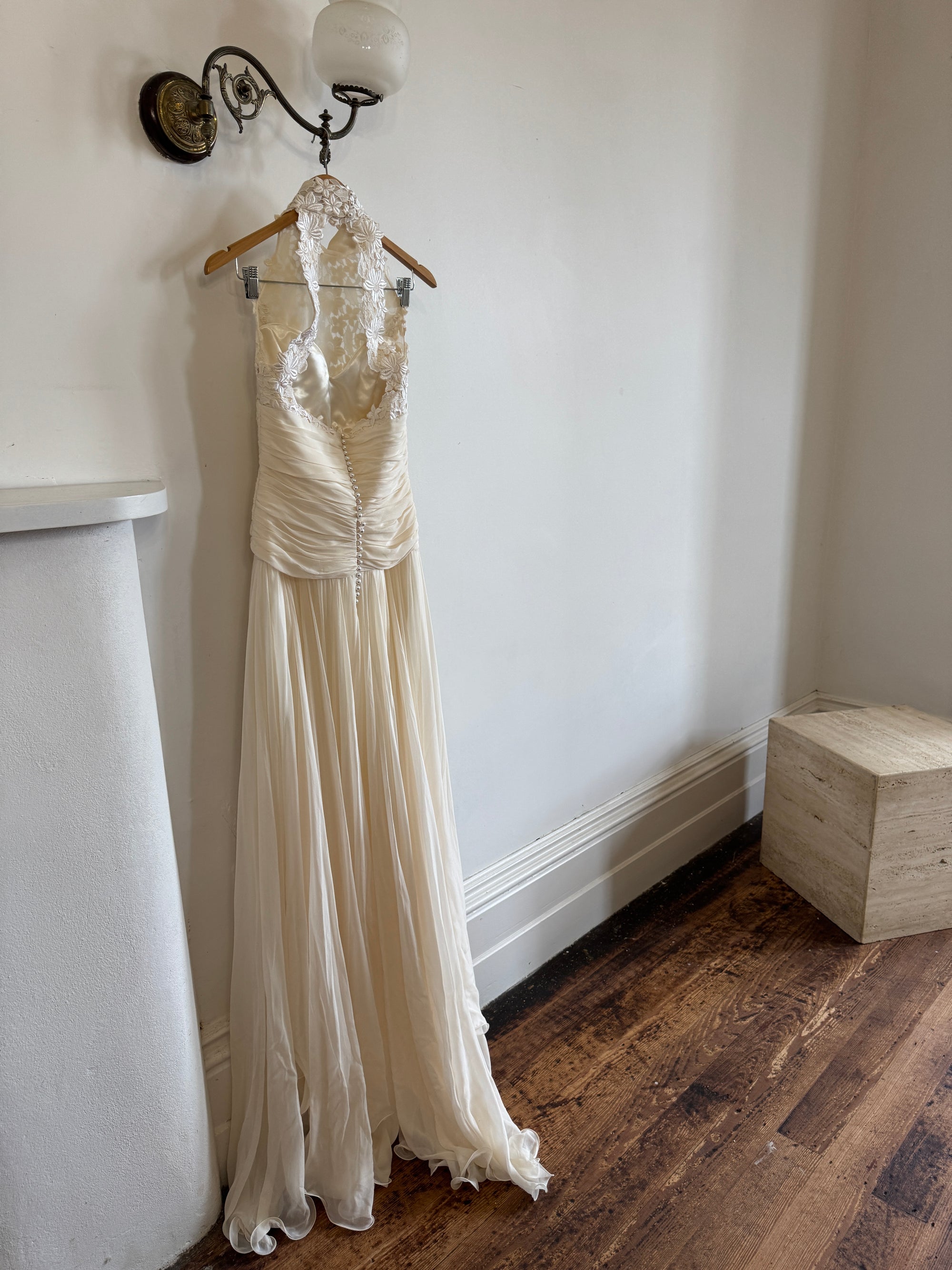 Vintage 90s High Front Lace Midi Dress with Pure Silk Train