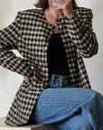 Vintage 90s Black and Caramel Gingham Collarless Blazer