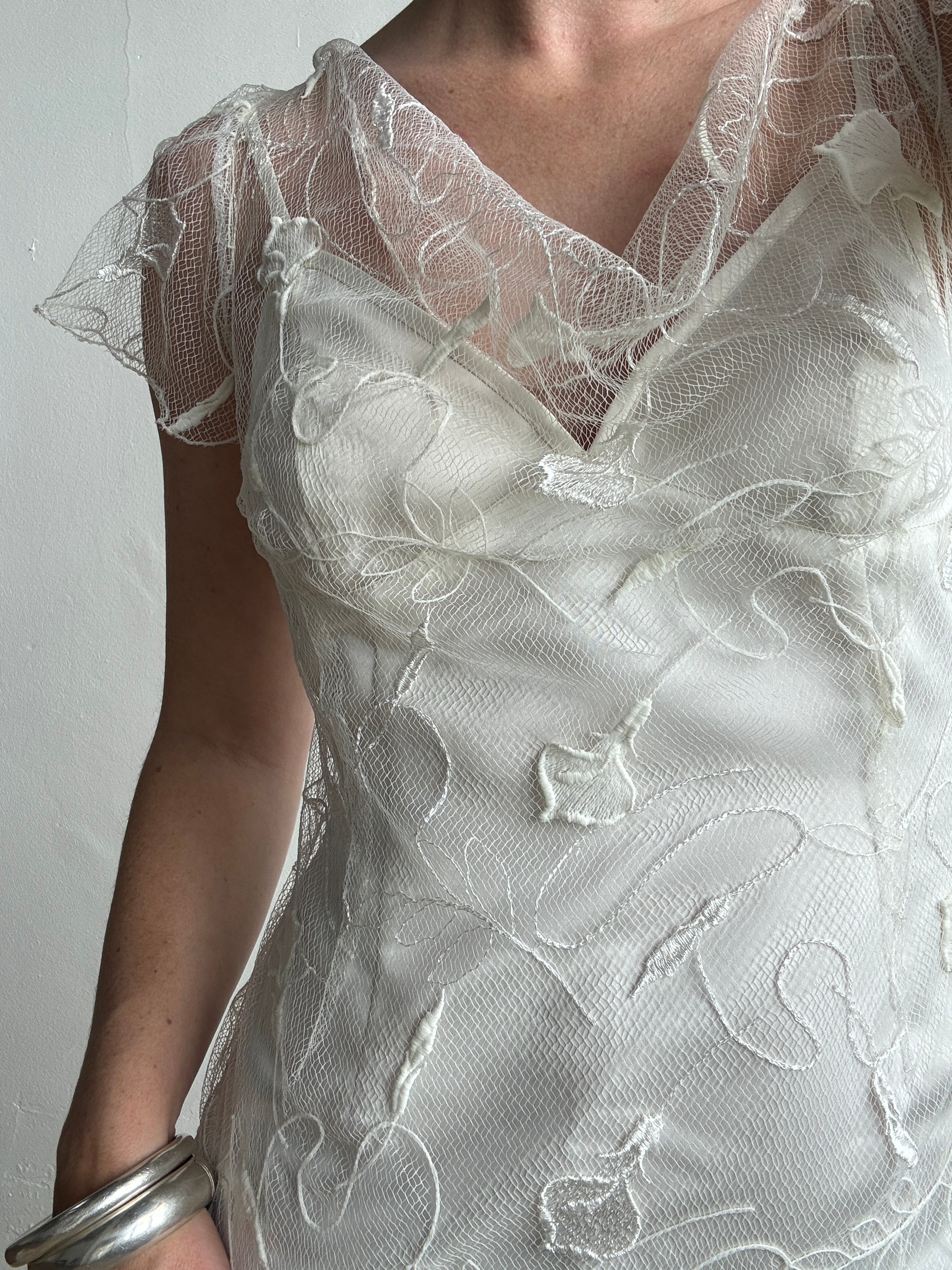 Vintage 90s Net Cowl Neck Mermaid Wedding Dress