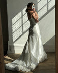 Vintage Y2K Strapless Satin Wedding Gown with Ruffled Train