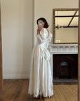 Vintage 80s Puff Sleeve Vine Satin Wedding Gown