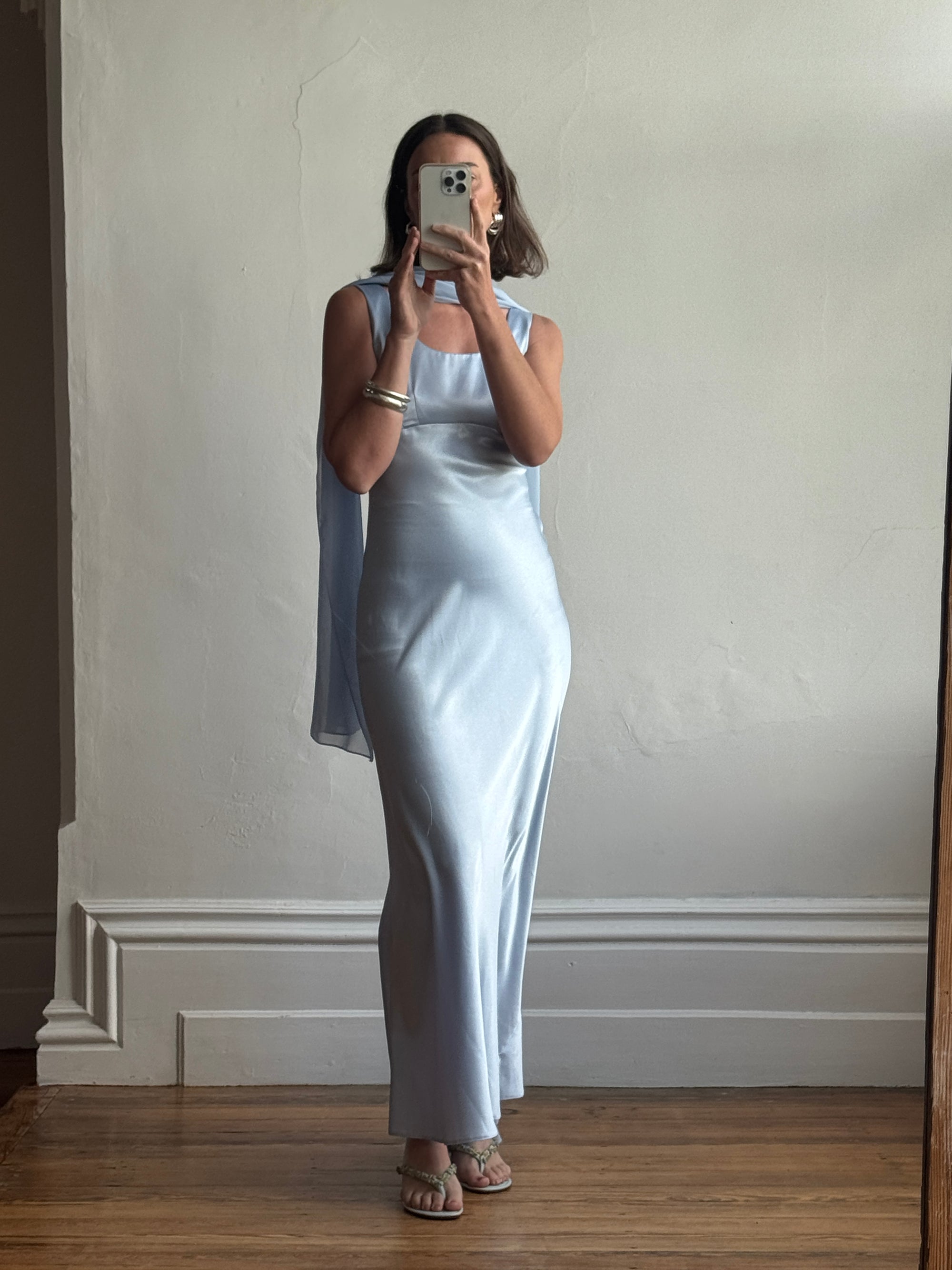 Vintage 90s Australian Made Satin Prom Dress with Scarf Ice Blue