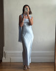 Vintage 90s Australian Made Satin Prom Dress with Scarf Ice Blue