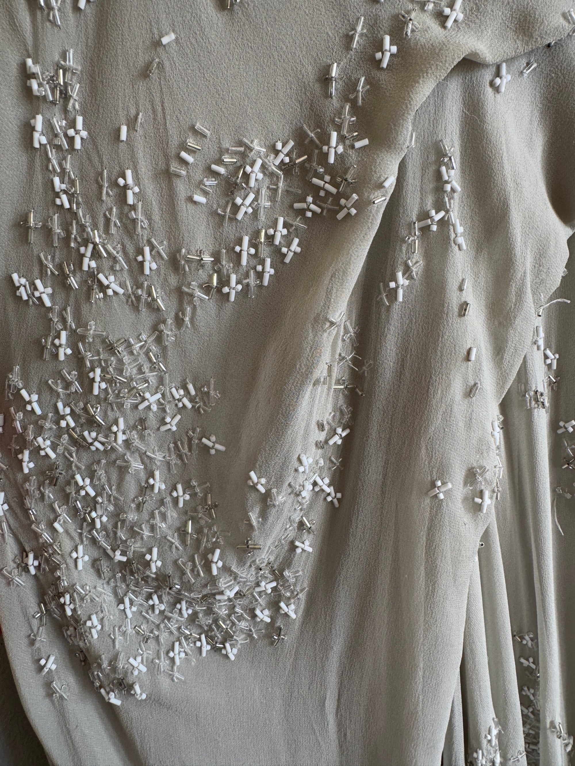 Archival Y2K J Mendel Pure Silk Beaded Wedding Dress Pale Grey