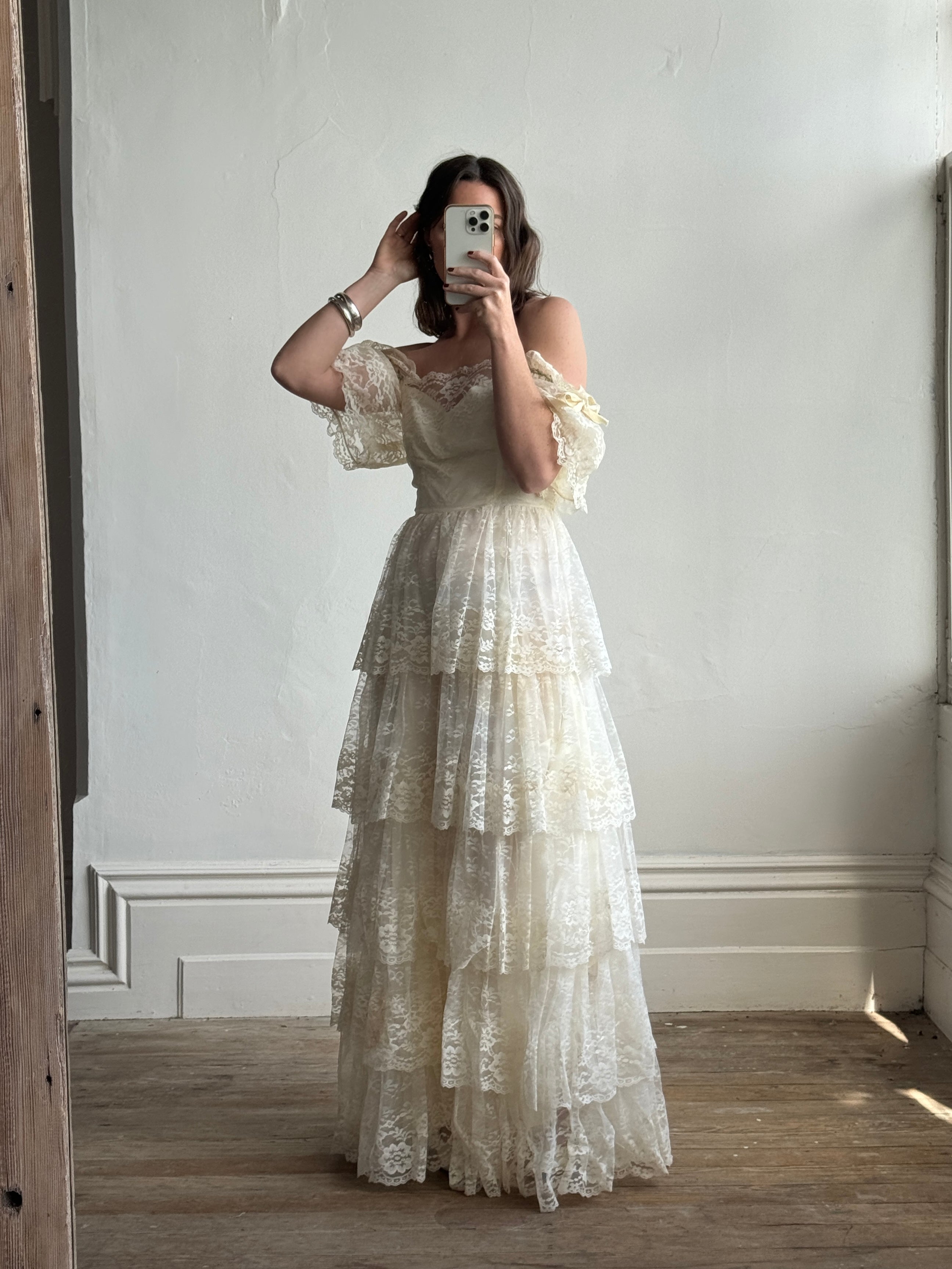 Vintage 70s Tiered Lace Wedding Dress With Bows