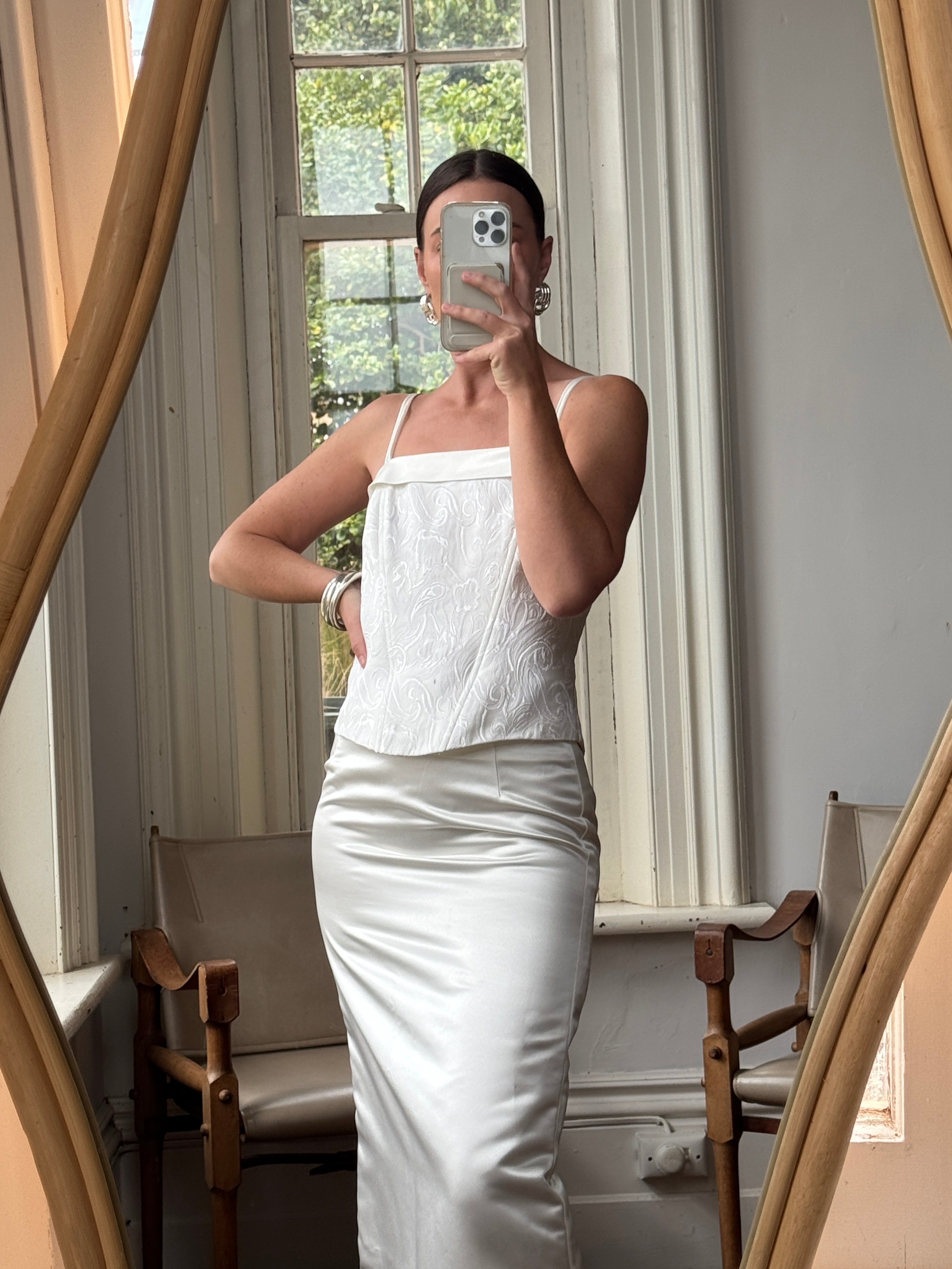 Vintage 90s Satin Jacquard Bodice and Skirt Set Ivory