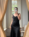 Vintage 90s Satin Drop Waist Midi Dress Noir