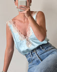 Vintage 80s Baby Blue and Creme Satin Bodysuit