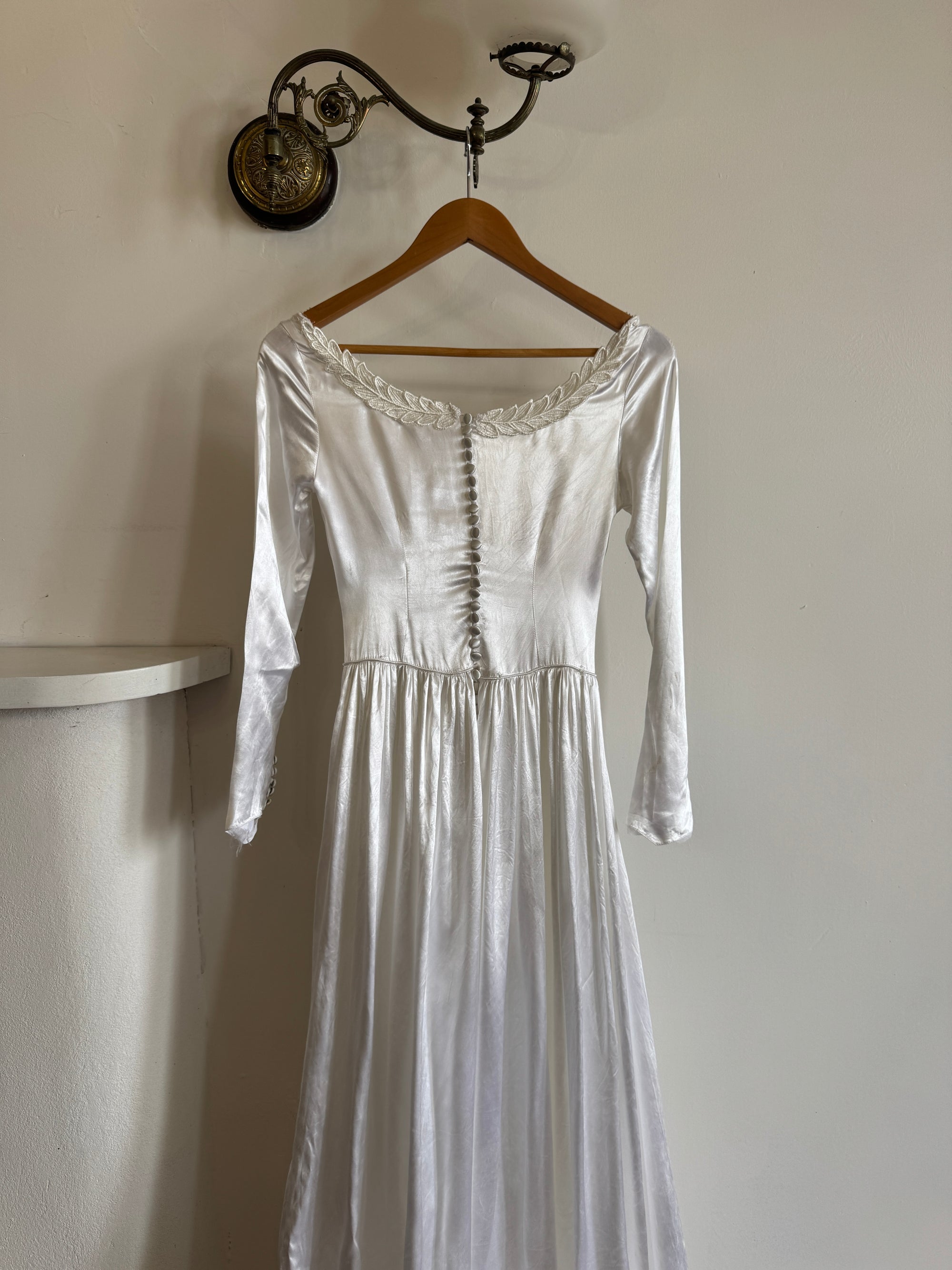 Vintage 50s Liquid Satin Scoop Applique Wedding Gown