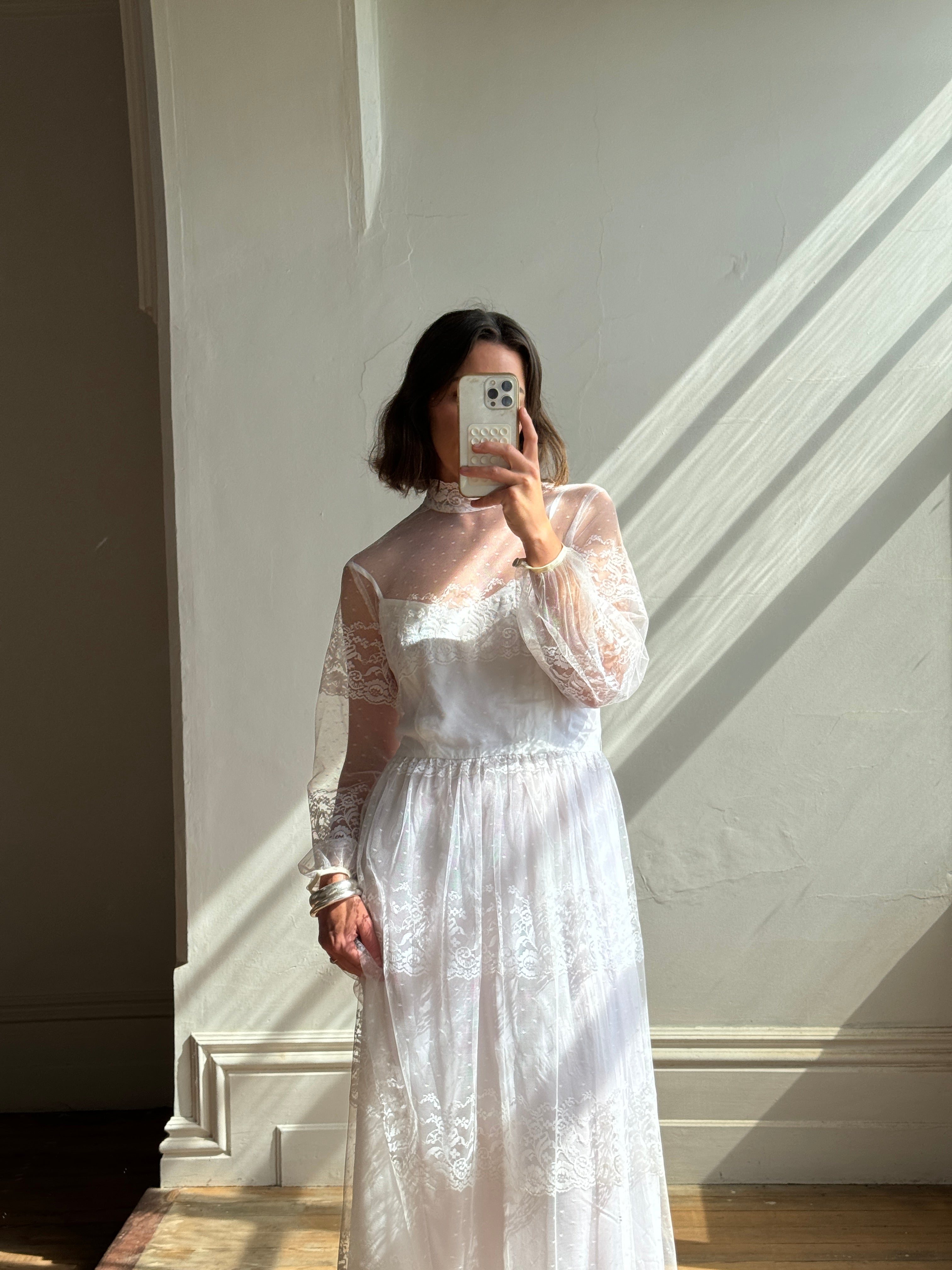 Vintage 70s Lace Long Sleeved High Neck Wedding Dress