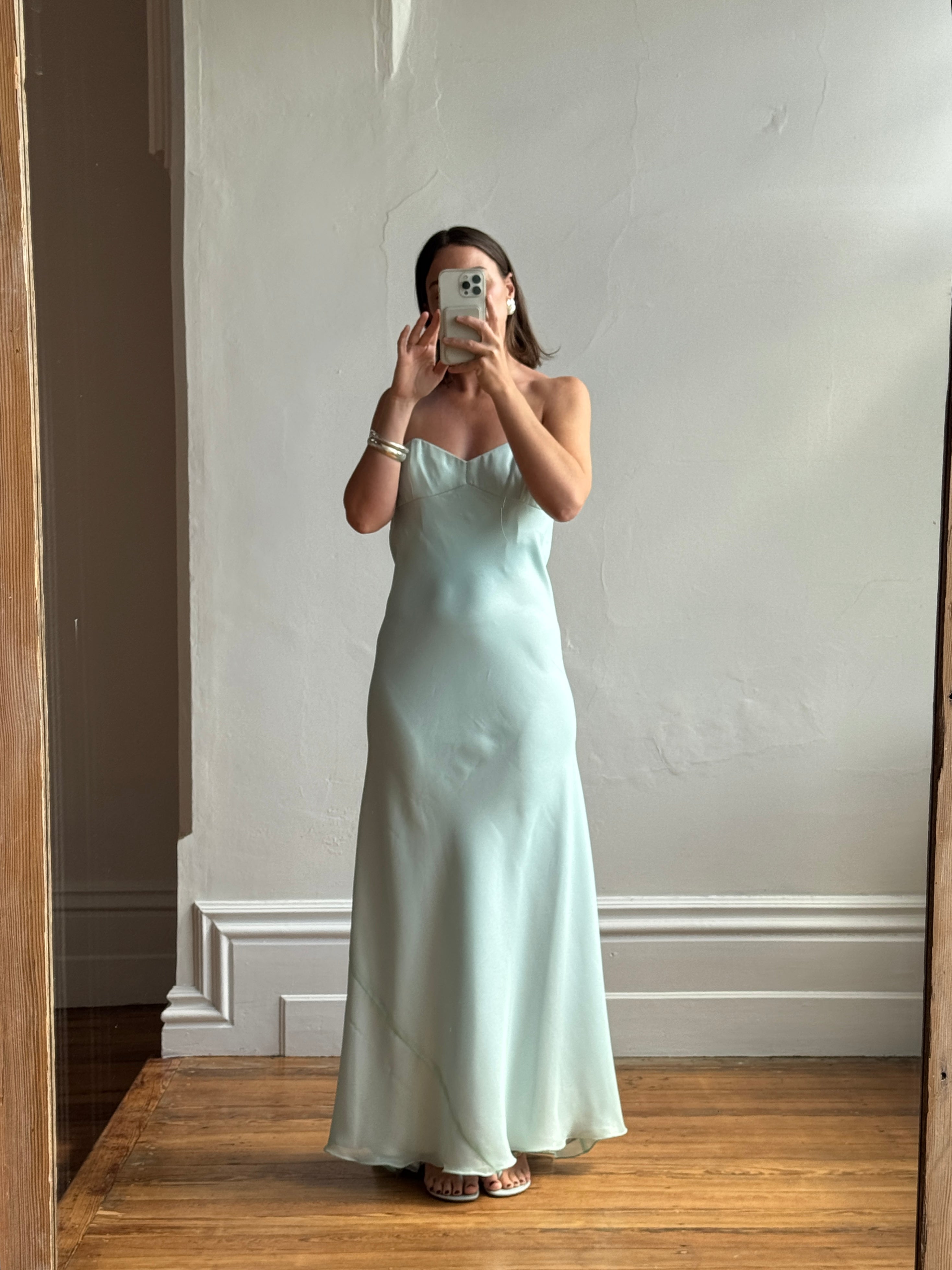 Vintage 90s Aqua Shimmer Strapless Gown
