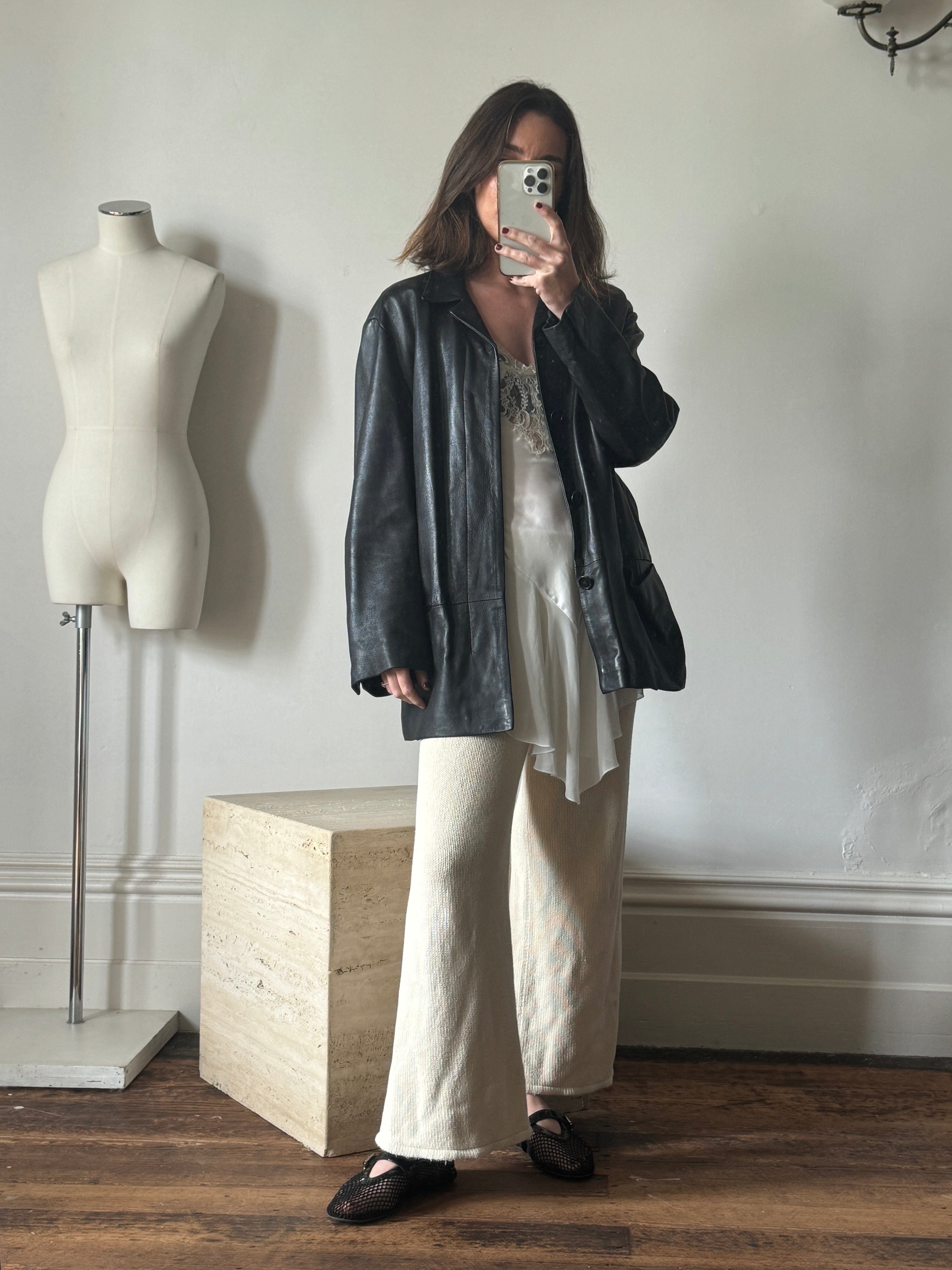 Vintage 90s Collared Leather Jacket Noir