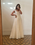 Vintage 90s Classic Cap Sleeve Wedding Dress with Rosettes