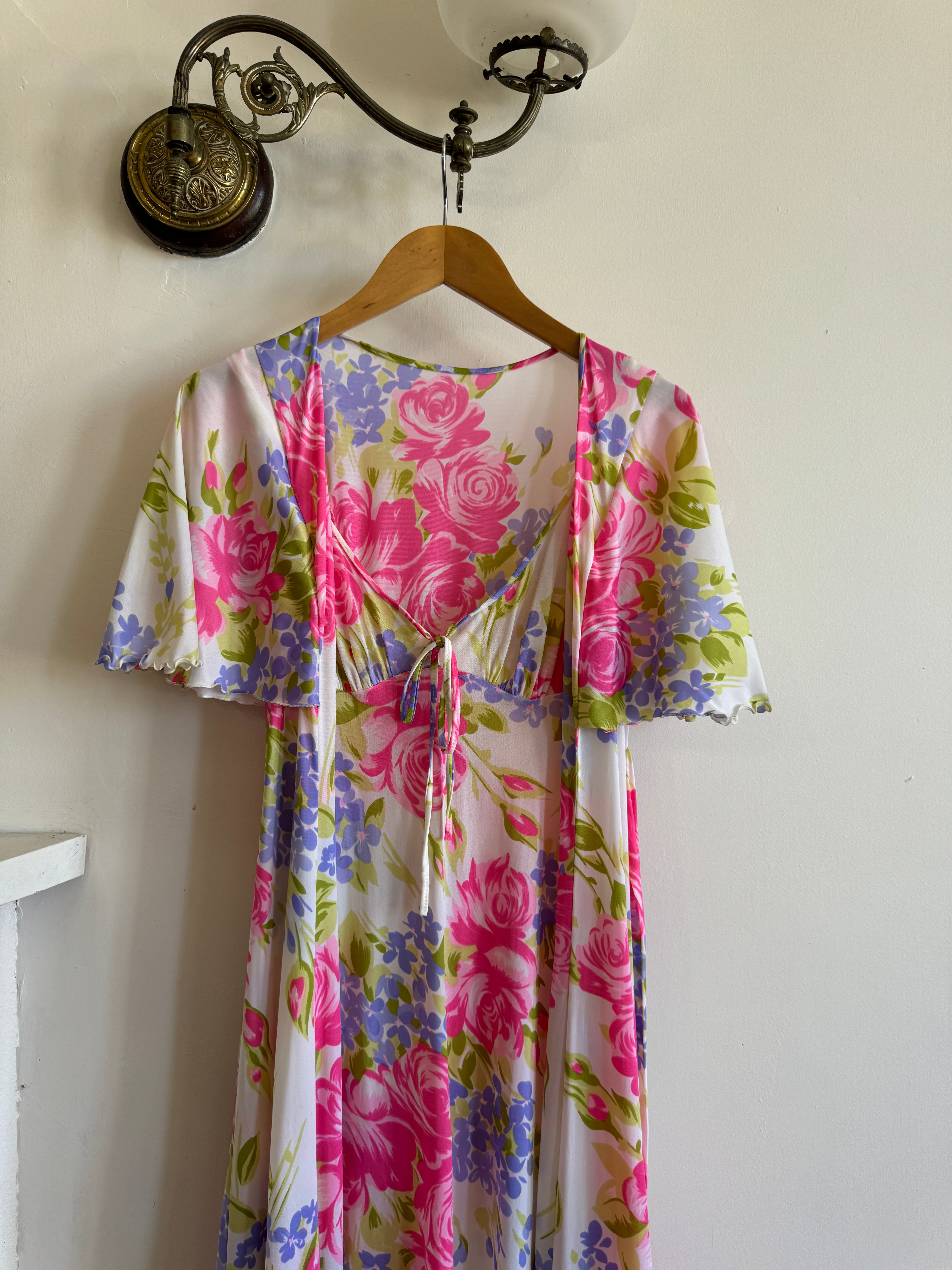 Vintage 70s Pink Floral Slip and Wrap Dress Set