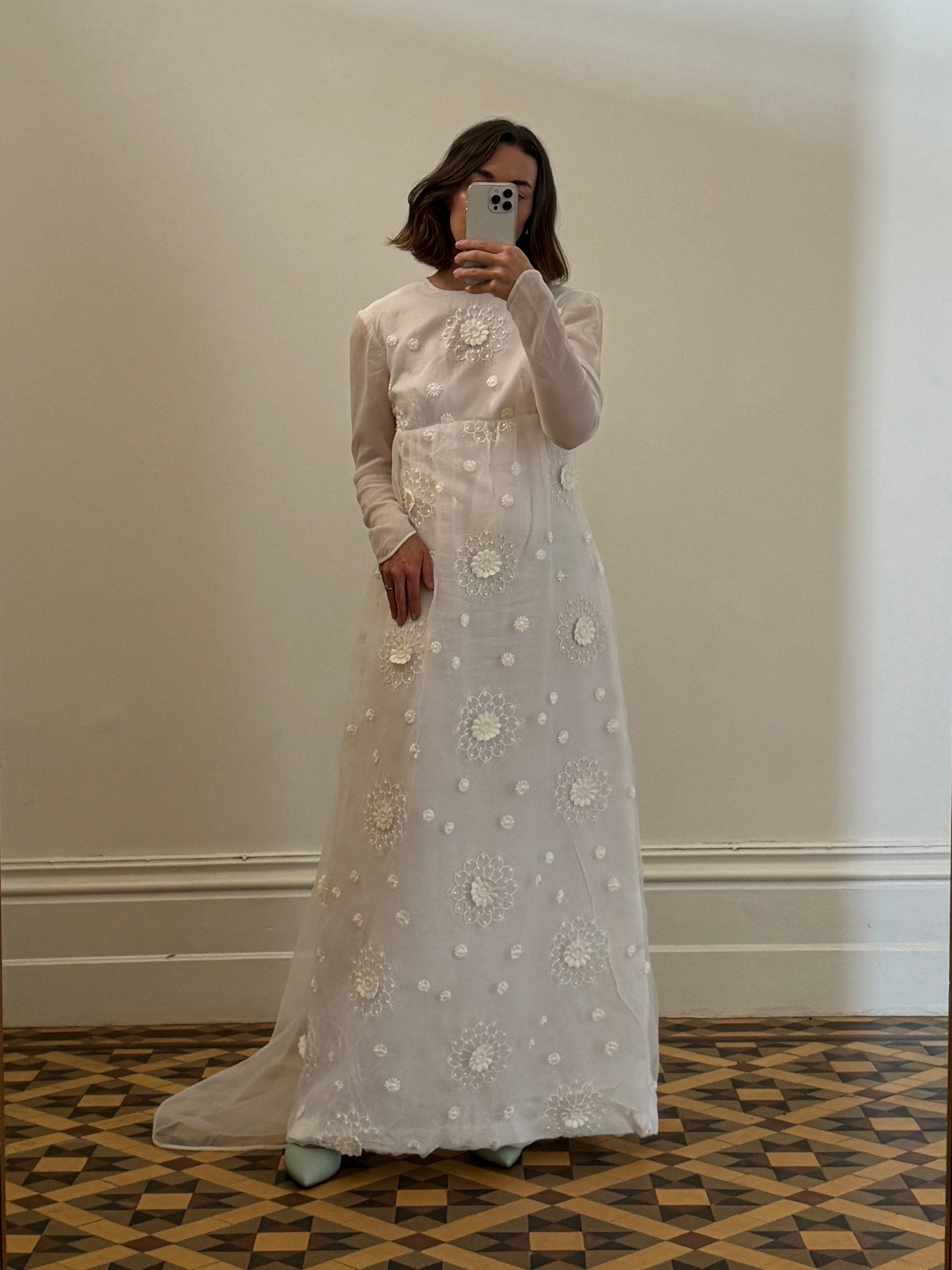 Vintage 70s Embroidered Floral Empire Wedding Gown