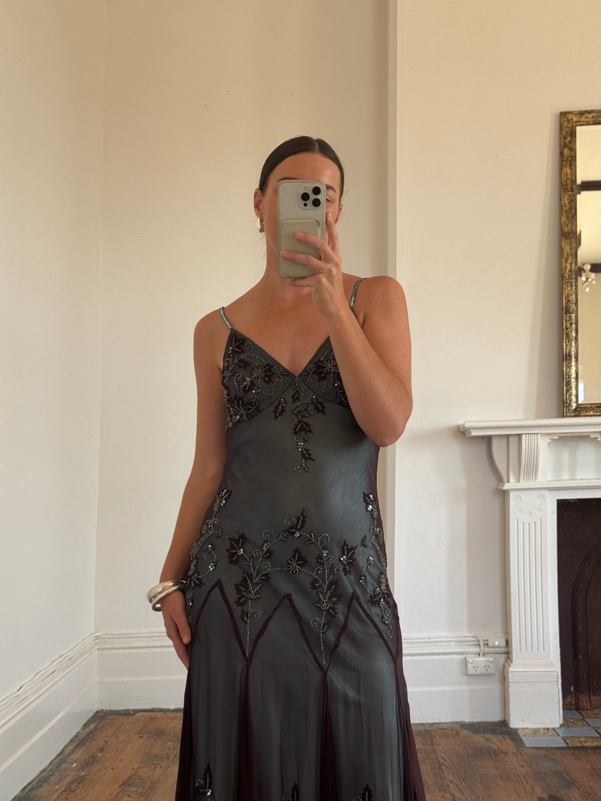 Vintage 90s Indigo Pure Silk Beaded Dress