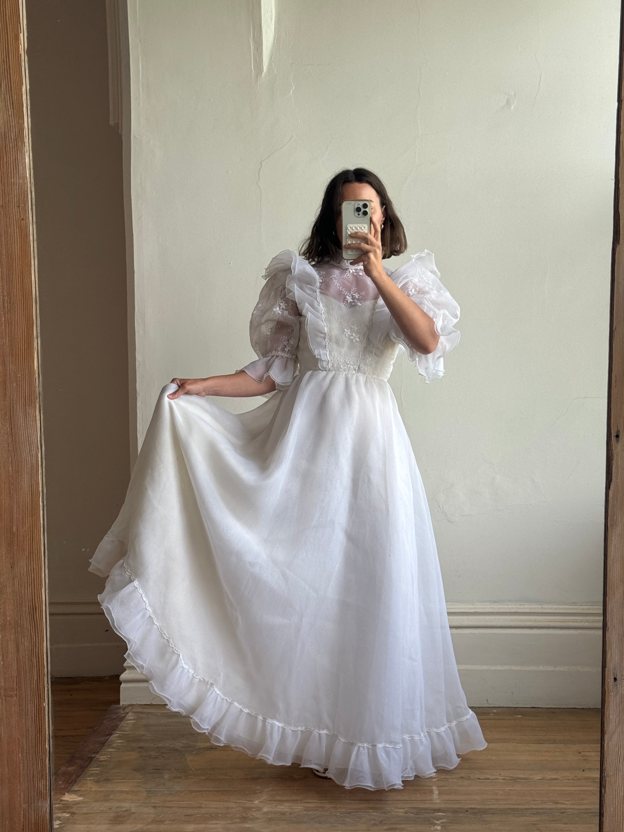 Vintage 80s Ruffled Sheer Organza Wedding Dress