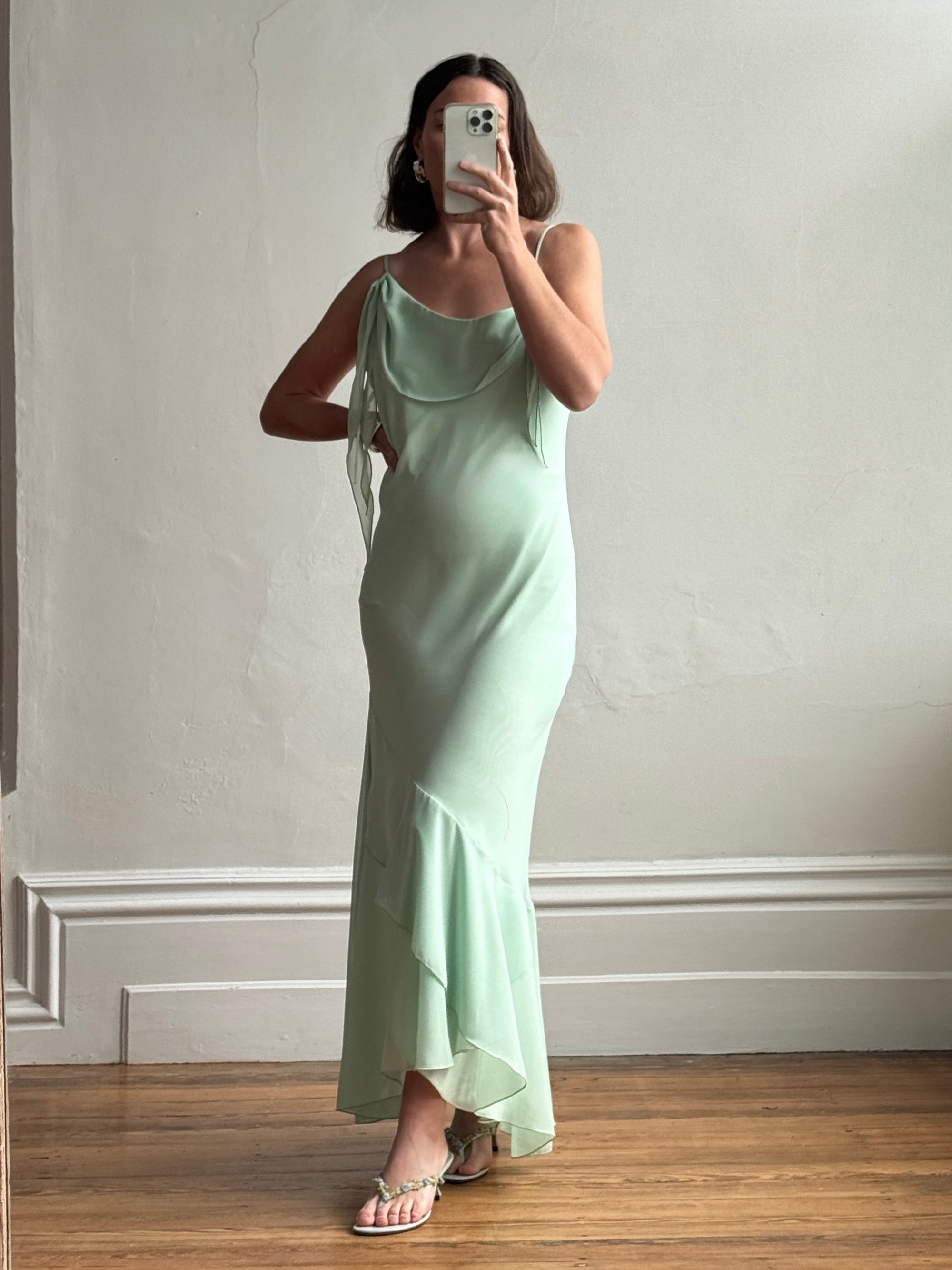 Vintage Y2K Asymmetric Chiffon Ruffle Dress Mint Green