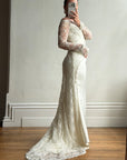 Vintage 90s Italian Beaded Lace and Satin Wedding Gown