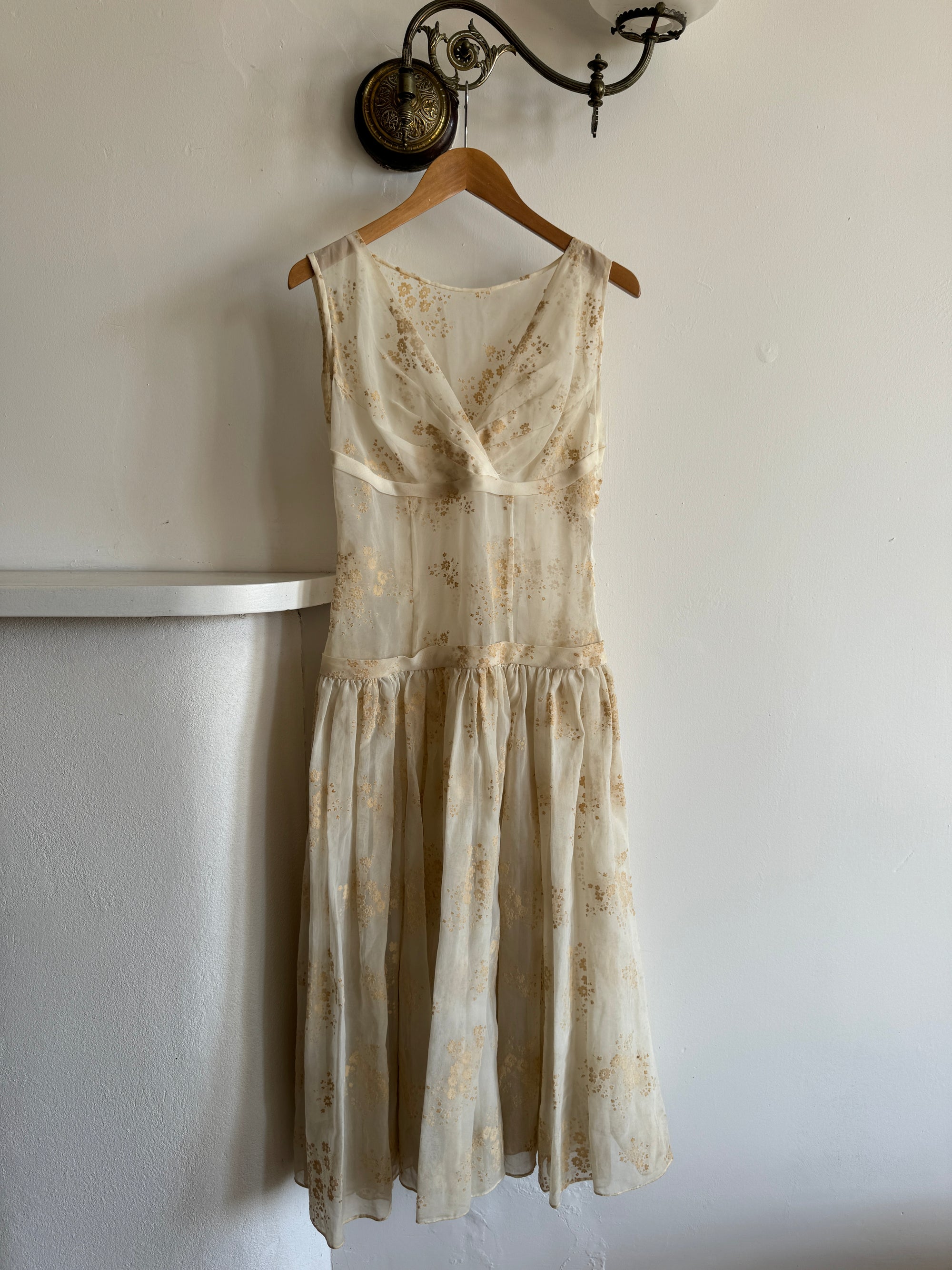 Vintage 50s Flocked Nylon Organza Drop Waist Dress Creme Brulee