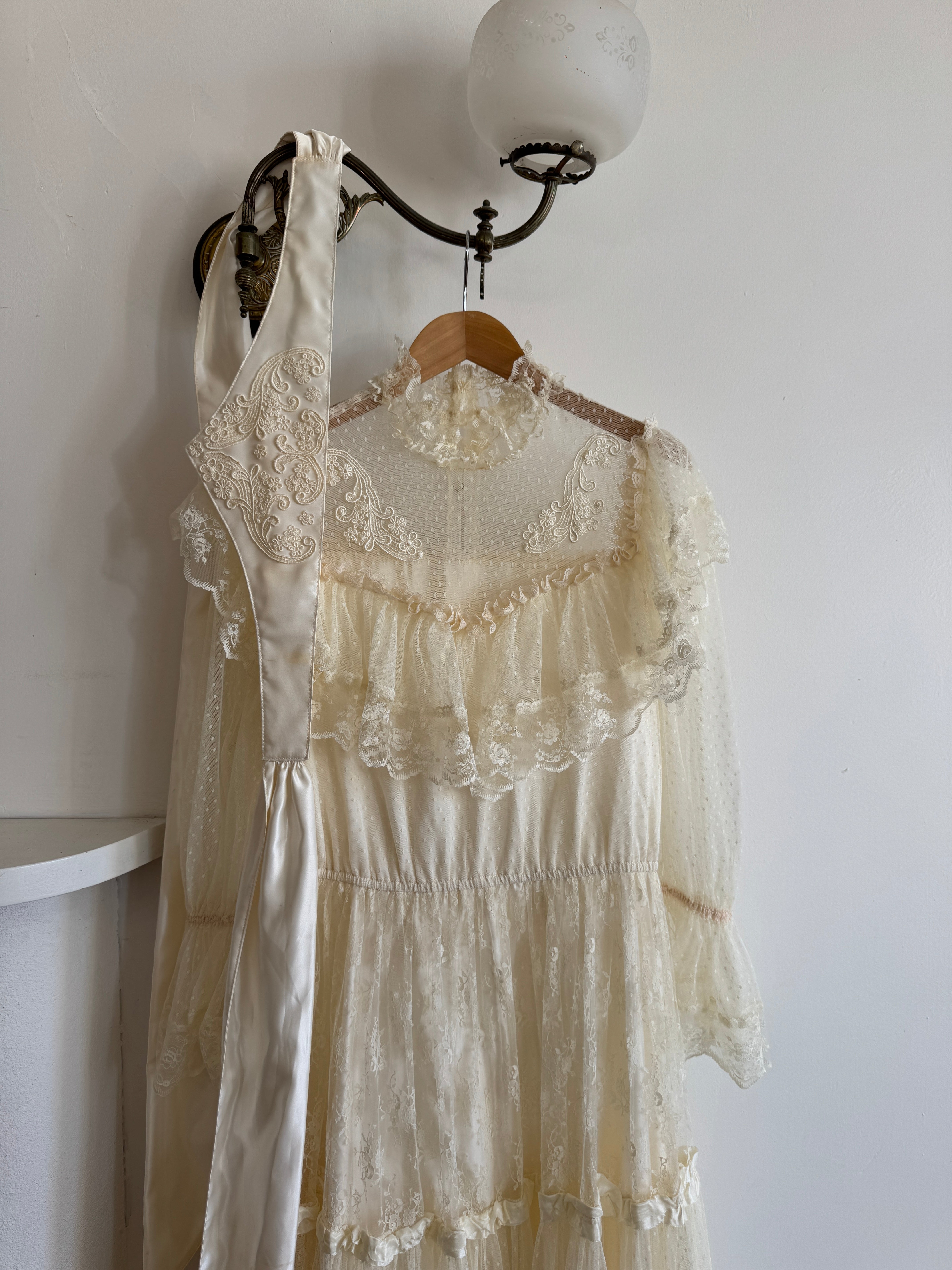 Vintage 70s Prairie Lace Wedding Gown with Beaded Basque Waist Belt