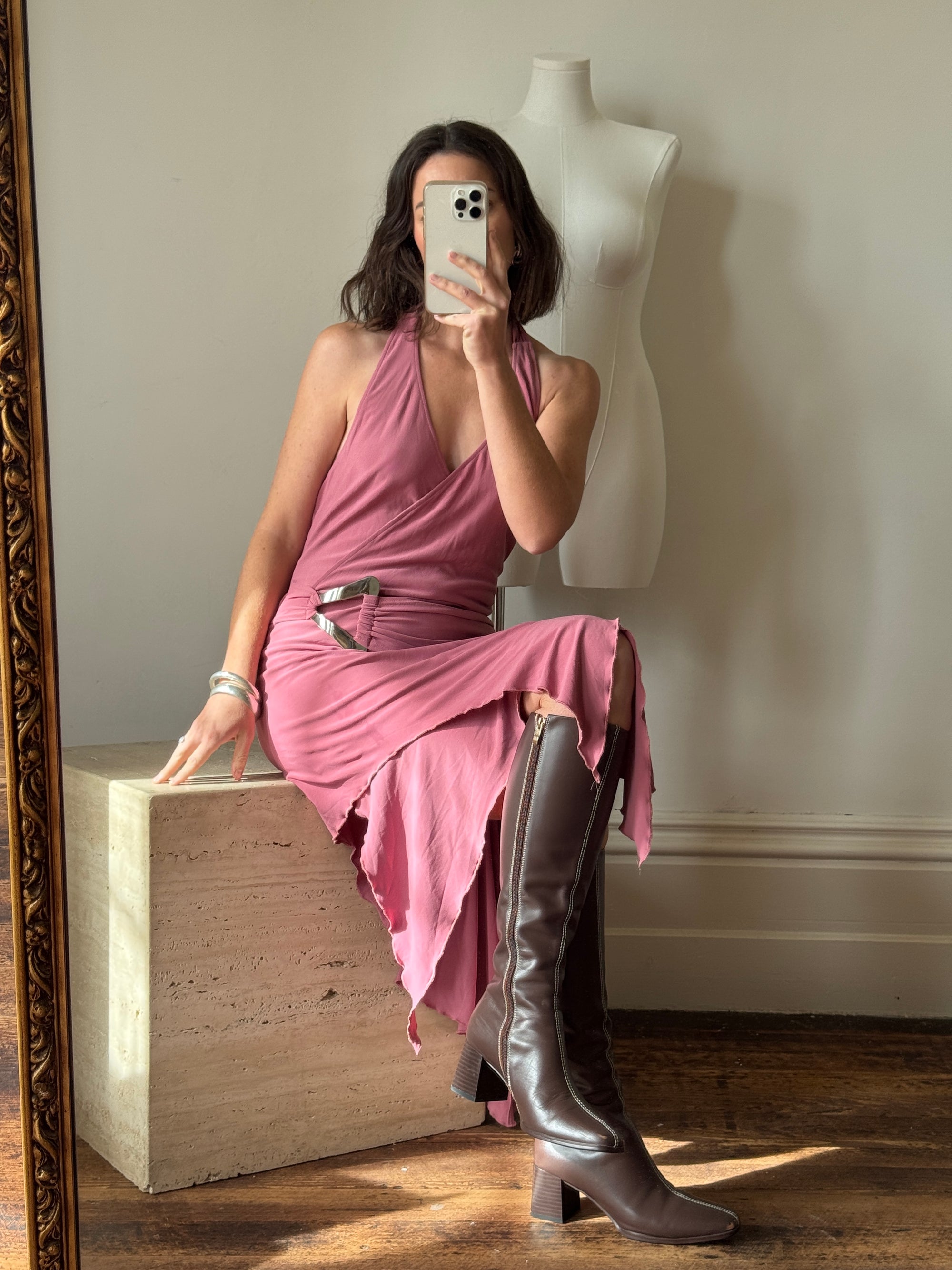 Vintage Y2K Australian Made Dusty Pink Jersey Dress With Silver Buckle
