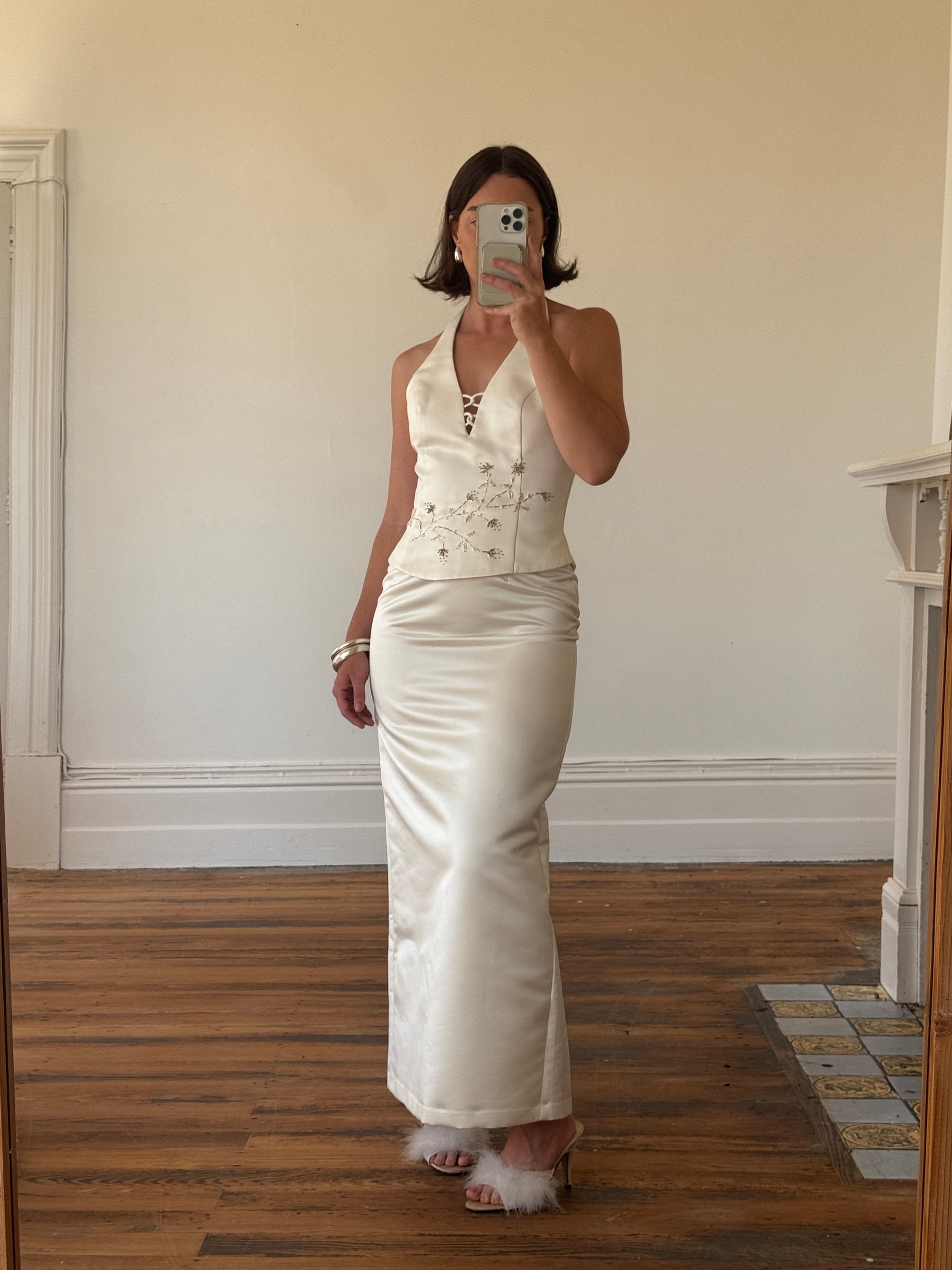 Vintage 90s Halter Two Piece Embellished Satin Wedding Set