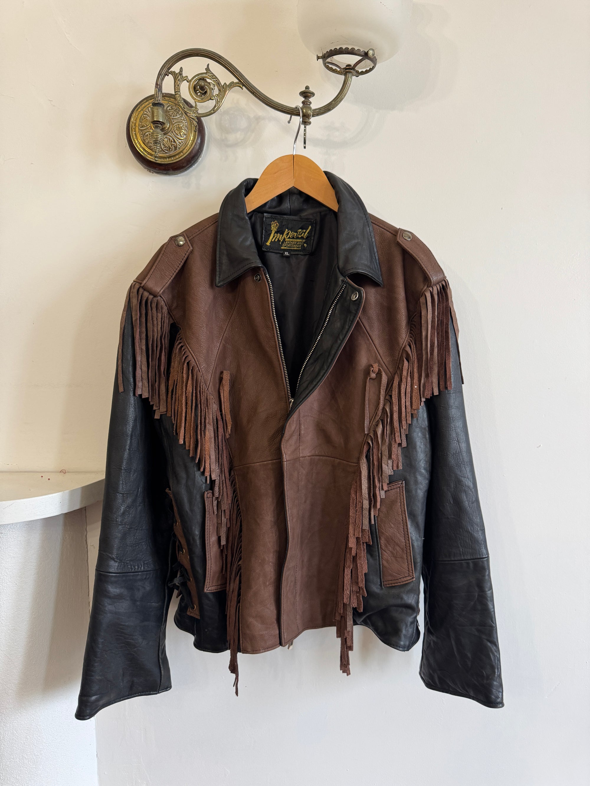 Vintage 70s Fringed Lace Up Leather Jacket Chocolate Noir