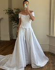 Vintage 90s Off Shoulder Box Pleat Wedding Gown