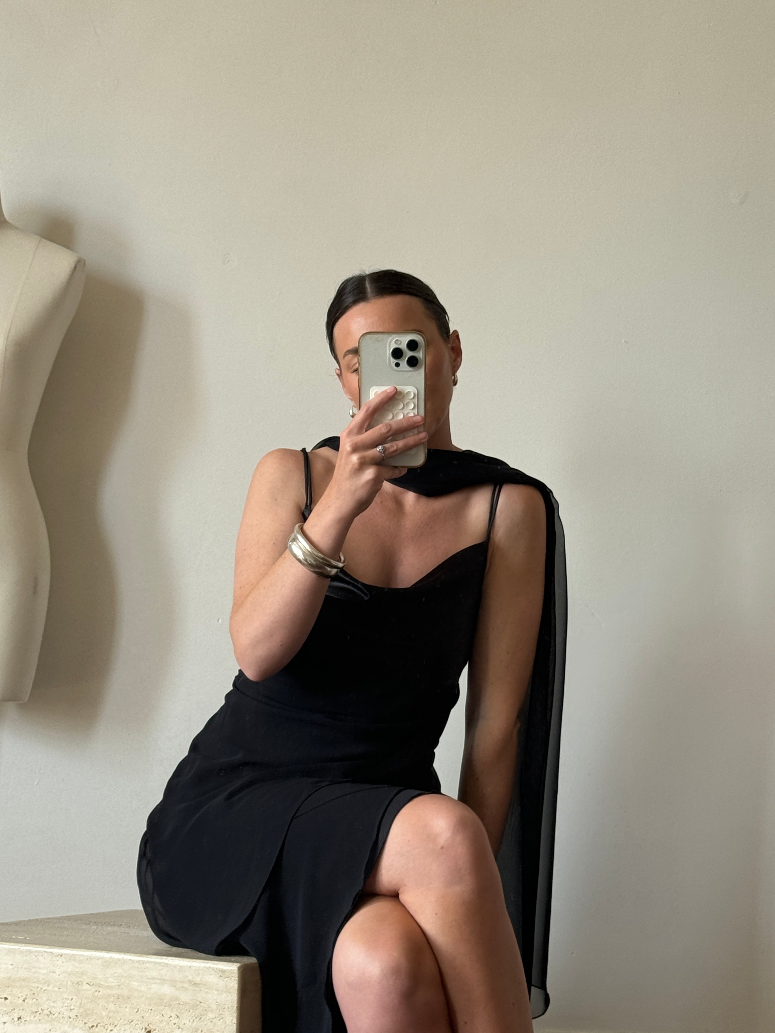 Vintage 90s Satin and Chiffon Cocktail Dress With Scarf Noir