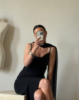 Vintage 90s Satin and Chiffon Cocktail Dress With Scarf Noir