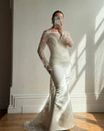 Vintage 90s Italian Beaded Lace and Satin Wedding Gown