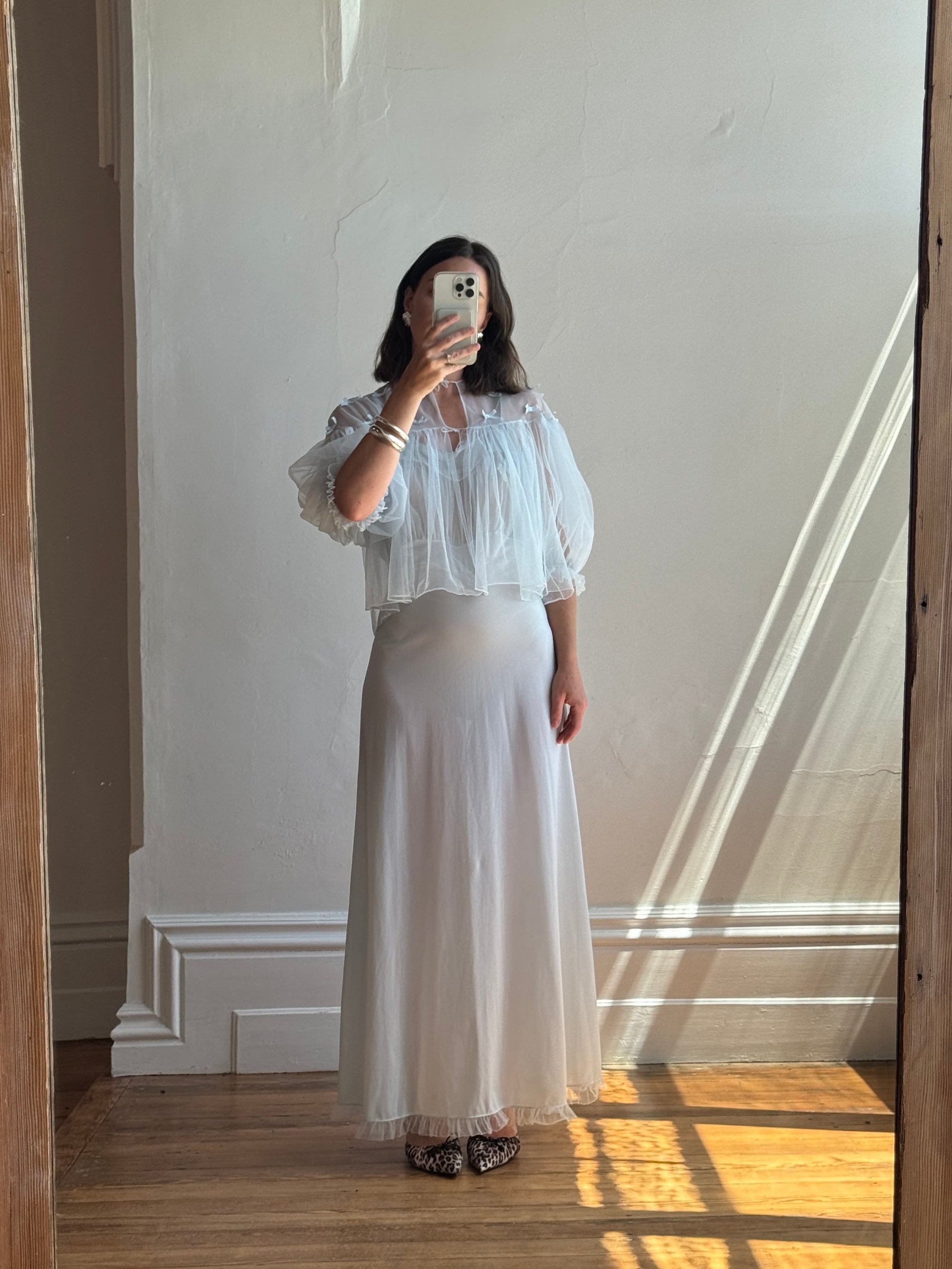 Vintage 50s Baby Blue Peignoir Slip and Jacket Set with Bows