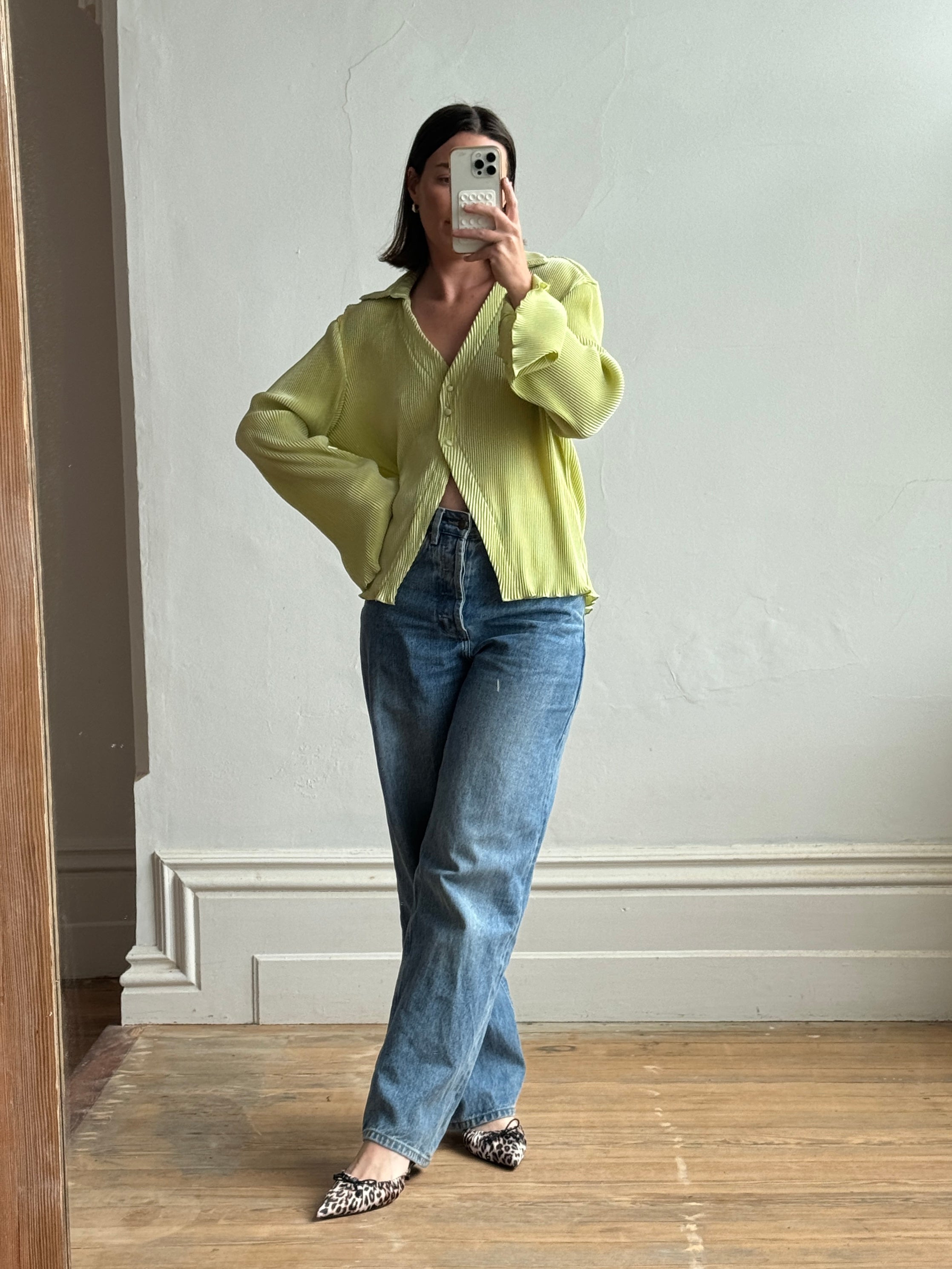 Vintage 90s Lime Pleated Button Up Blouse
