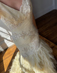 Vintage 90s Fishtail Beaded Tulle Wedding Gown Champagne