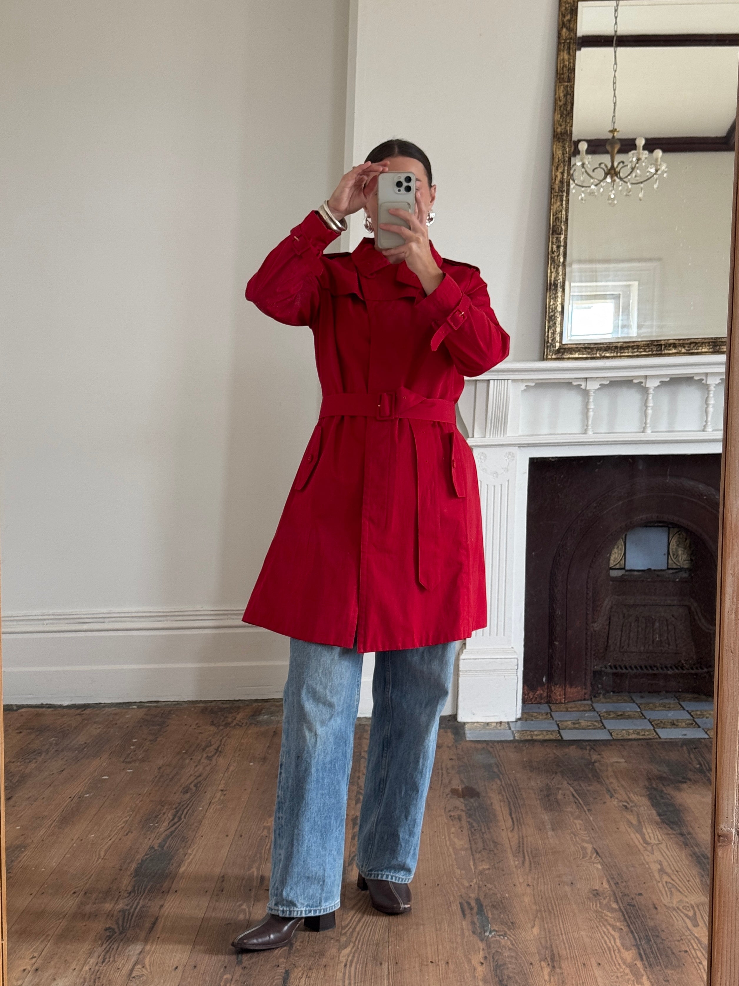 Vintage 90s Red Mid Length Trench Coat