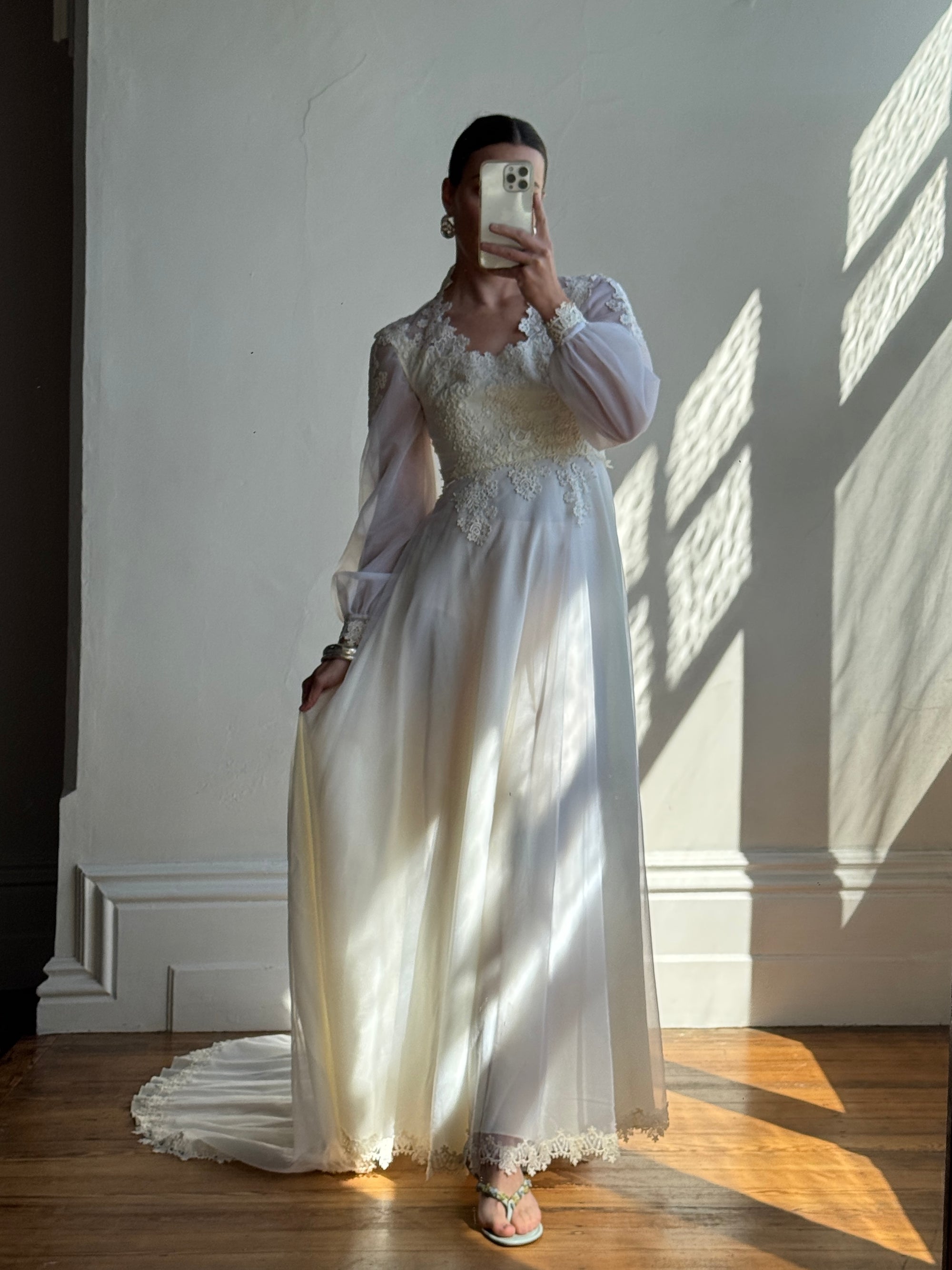 Vintage 70s Lace Poet Sleeve Wedding Dress Ivory