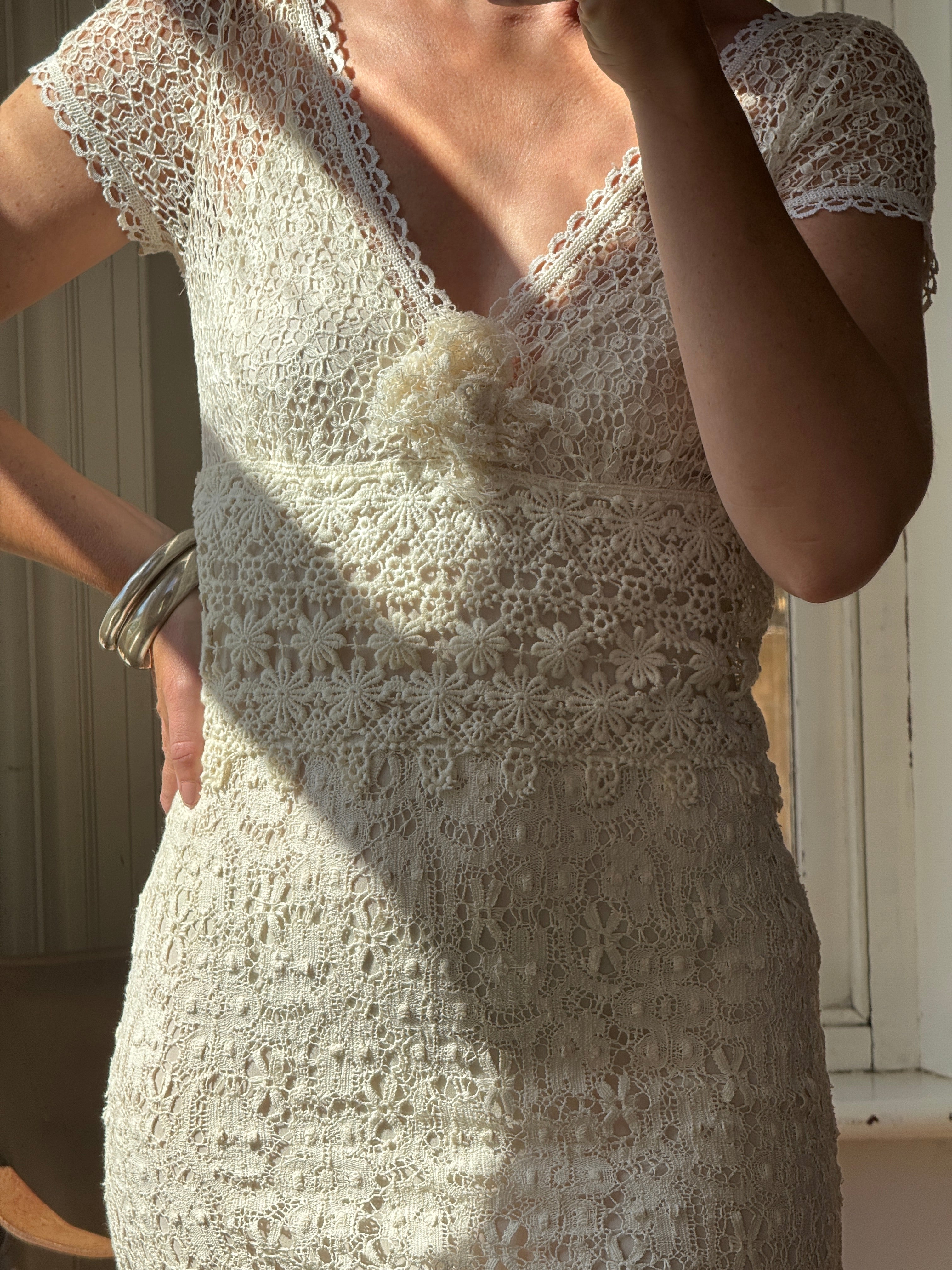 Vintage Y2K Designer Pure Silk and Cotton Crochet Wedding Dress