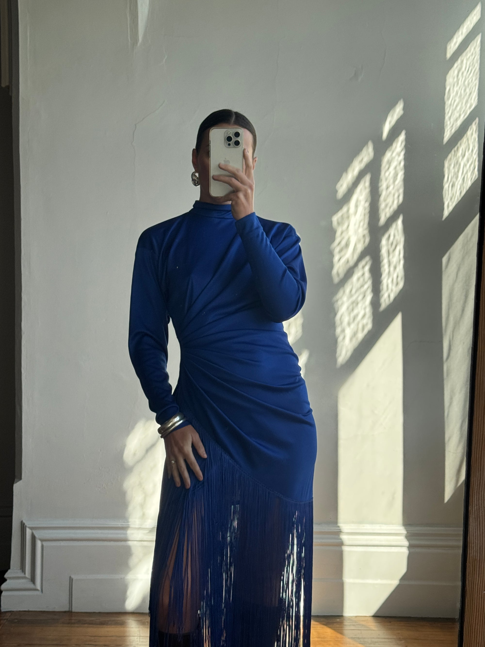 Vintage 80s Royal Blue Long Sleeve Fringe Dress