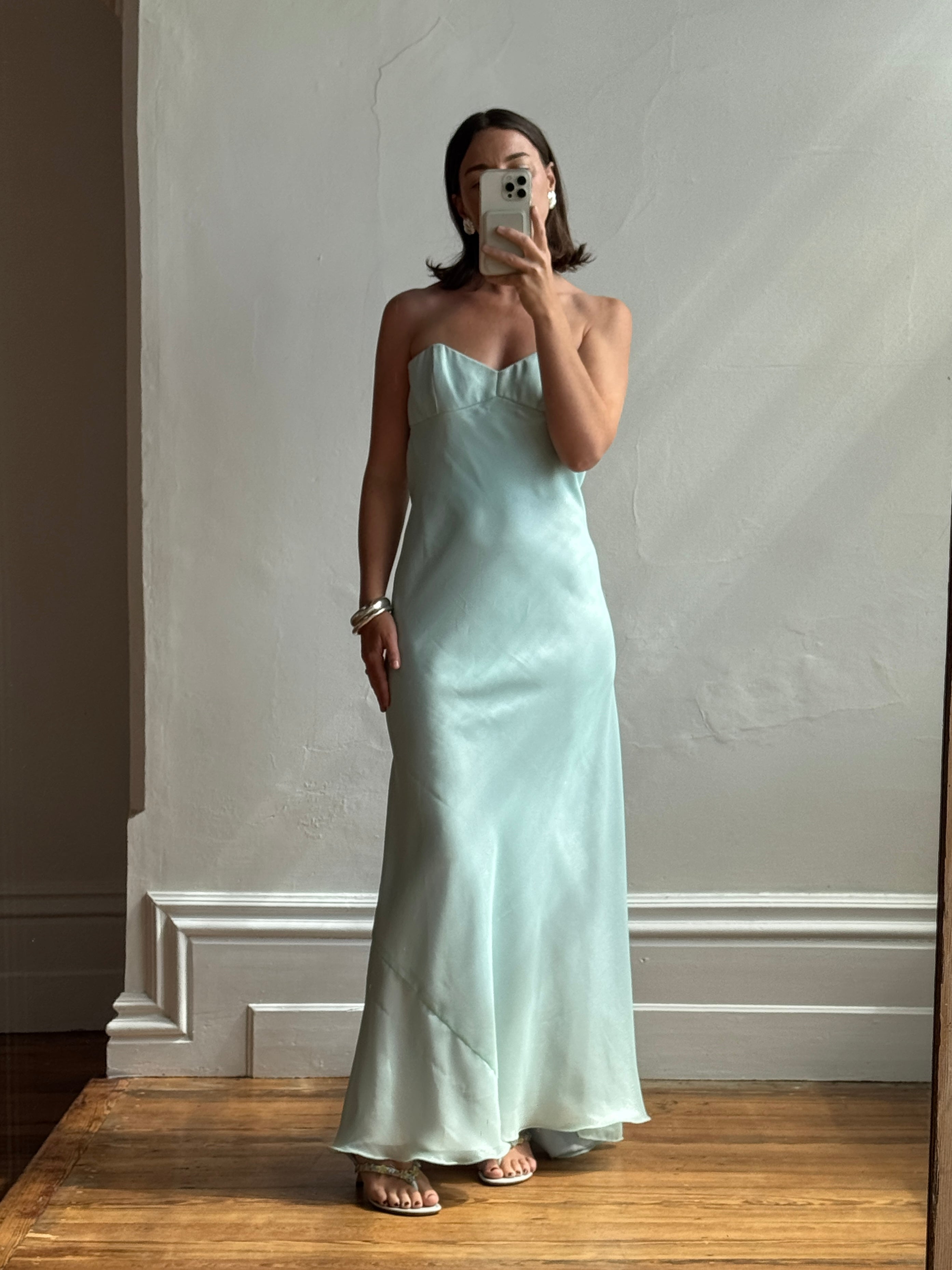 Vintage 90s Aqua Shimmer Strapless Gown
