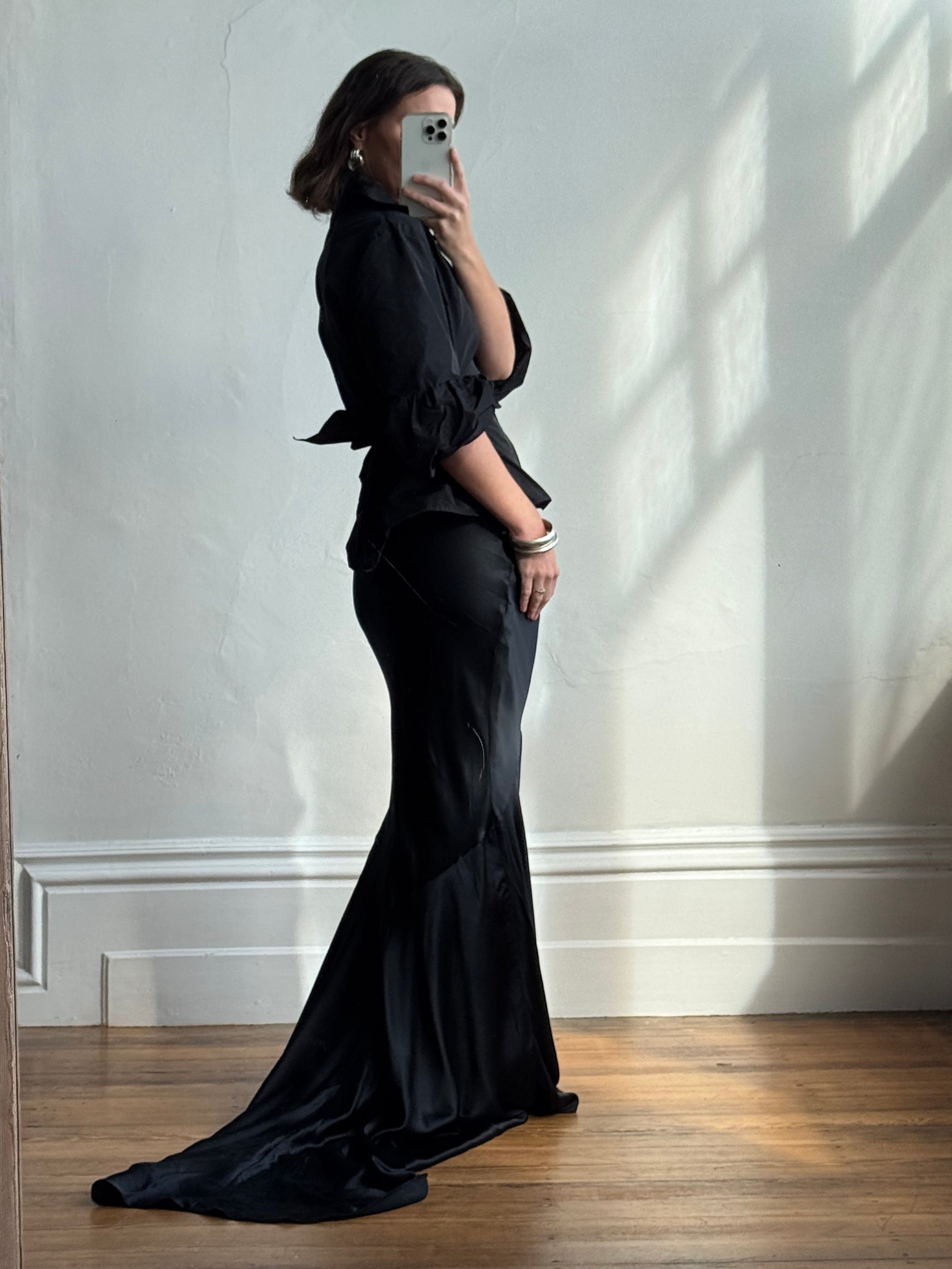 Vintage 90s Pure Silk Fishtail Skirt With Train Noir