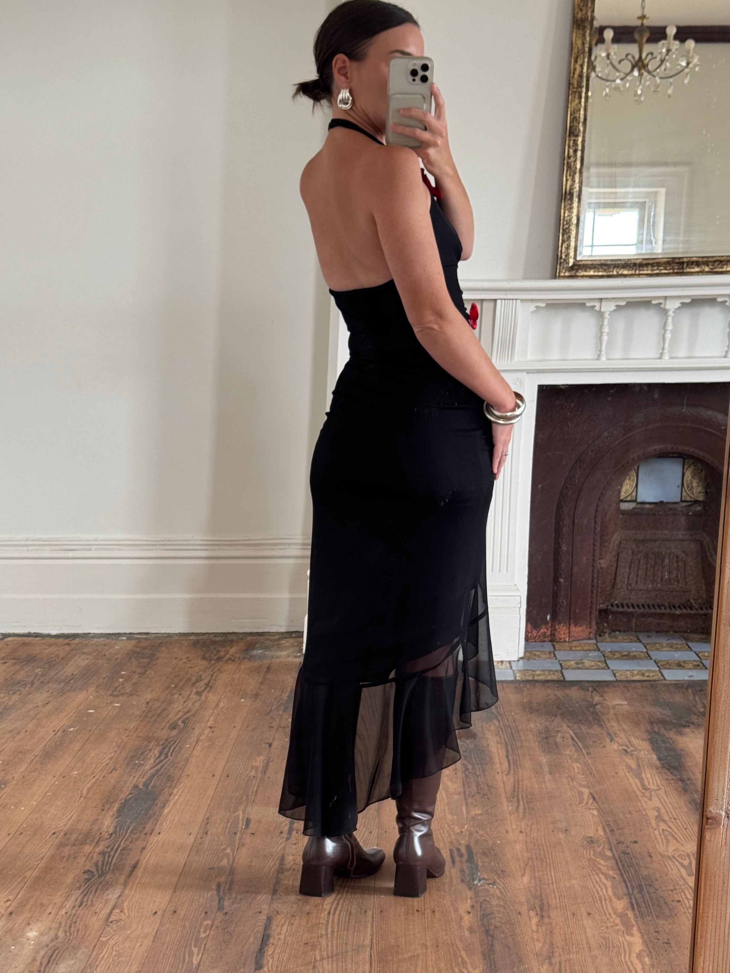 Vintage 90s Halter Rose Fairy Dress Noir