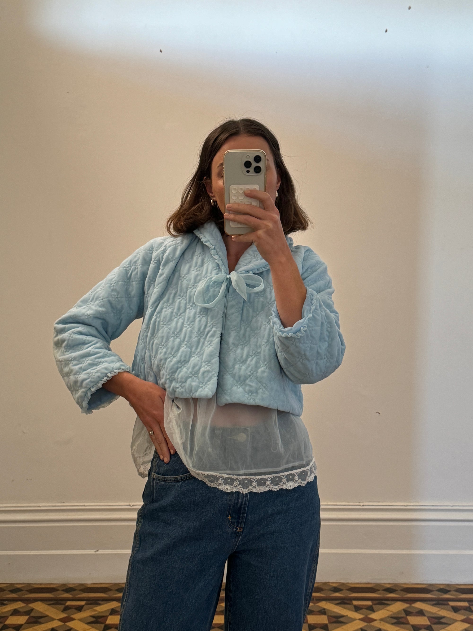 Vintage 50s Cropped Quilted Tie Cardi Sky Blue