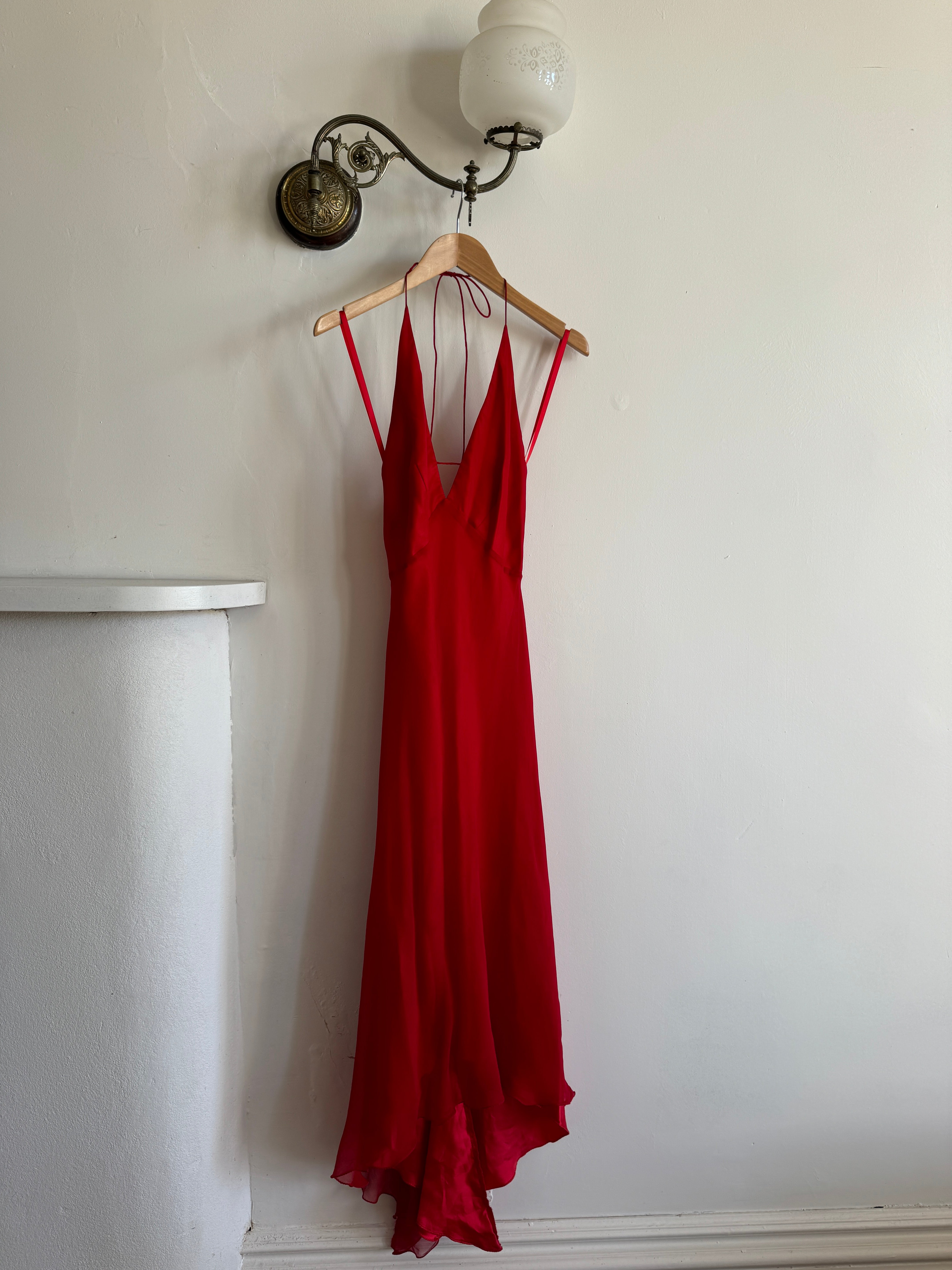 Vintage 90s Pure Silk High Low Halter Bias Dress Red