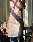 Vintage 50s Liquid Satin Slip Pink Dress Creme Lace