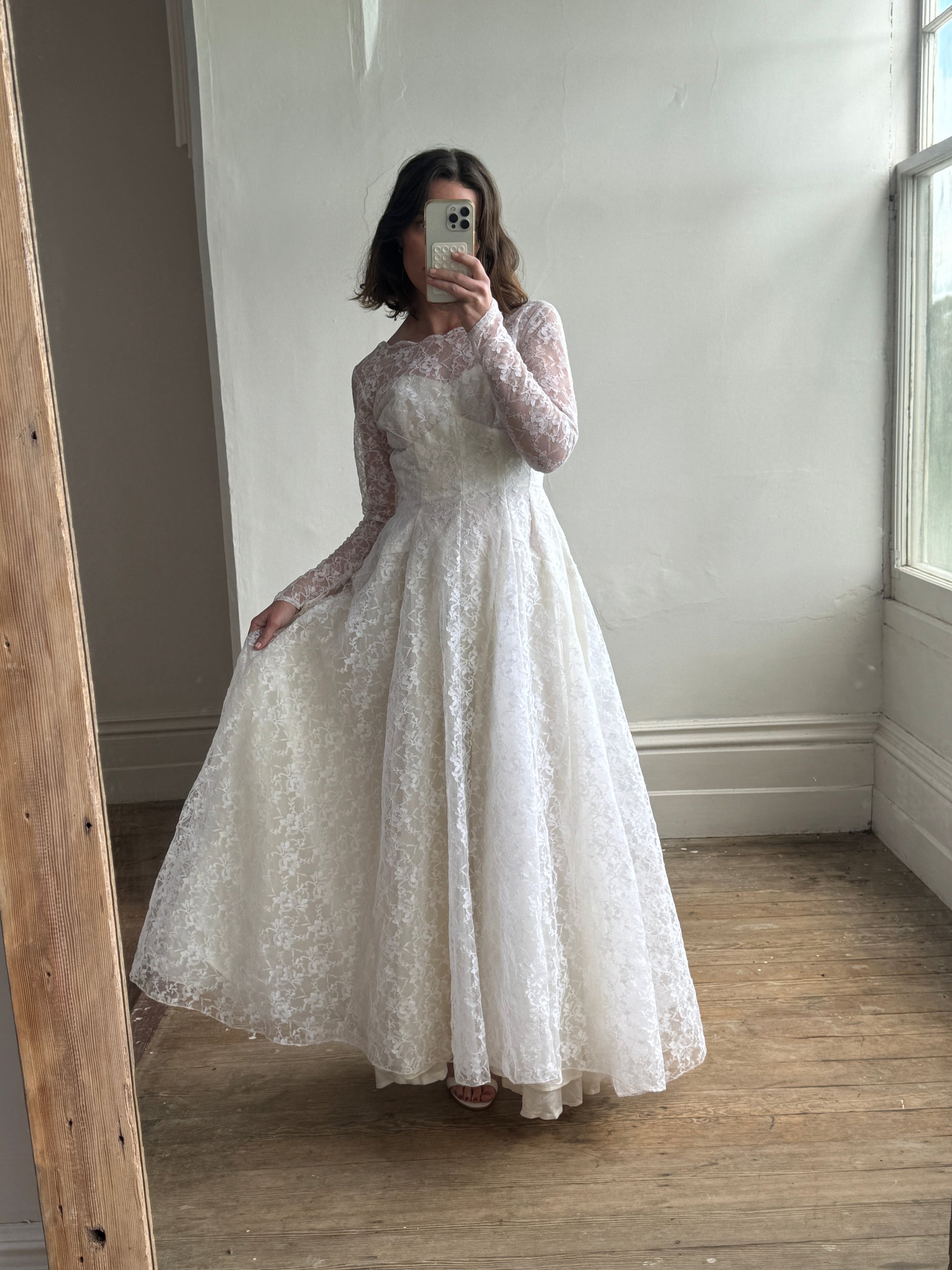 Vintage 50s Long Sleeved Princess Lace Bridal Gown