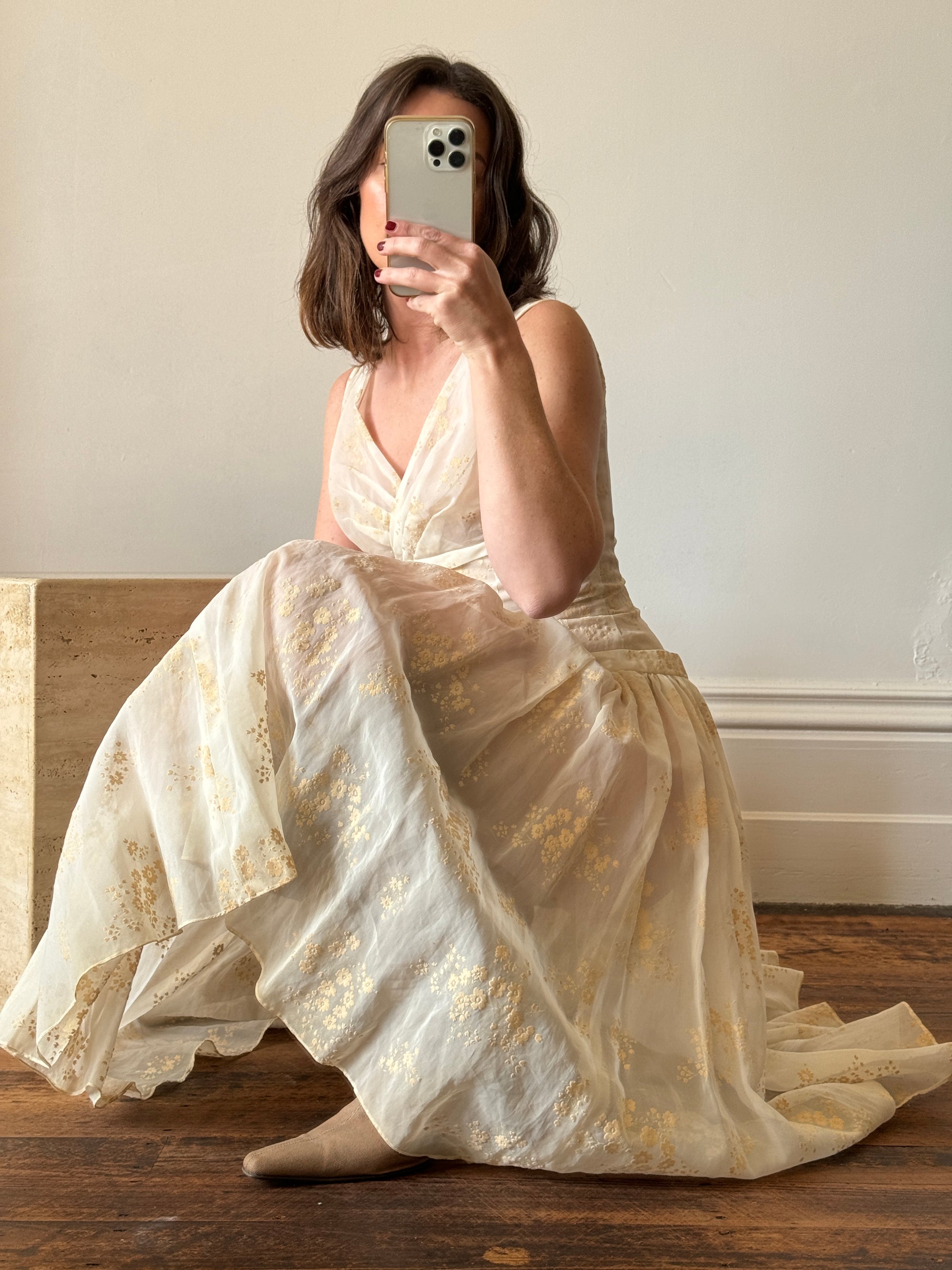 Vintage 50s Flocked Nylon Organza Drop Waist Dress Creme Brulee