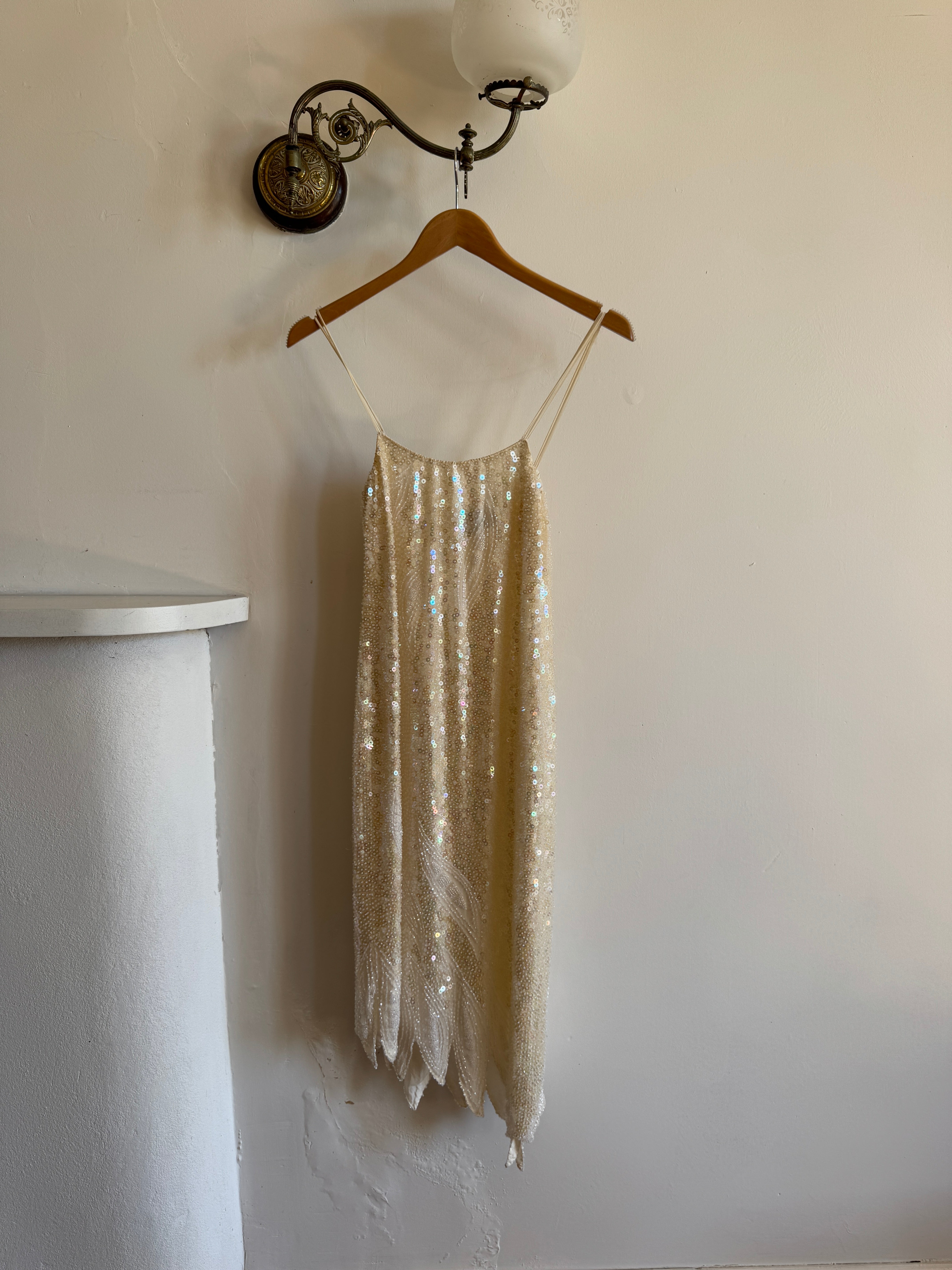 Vintage 90s Pure Silk Sequin Party Dress Creme