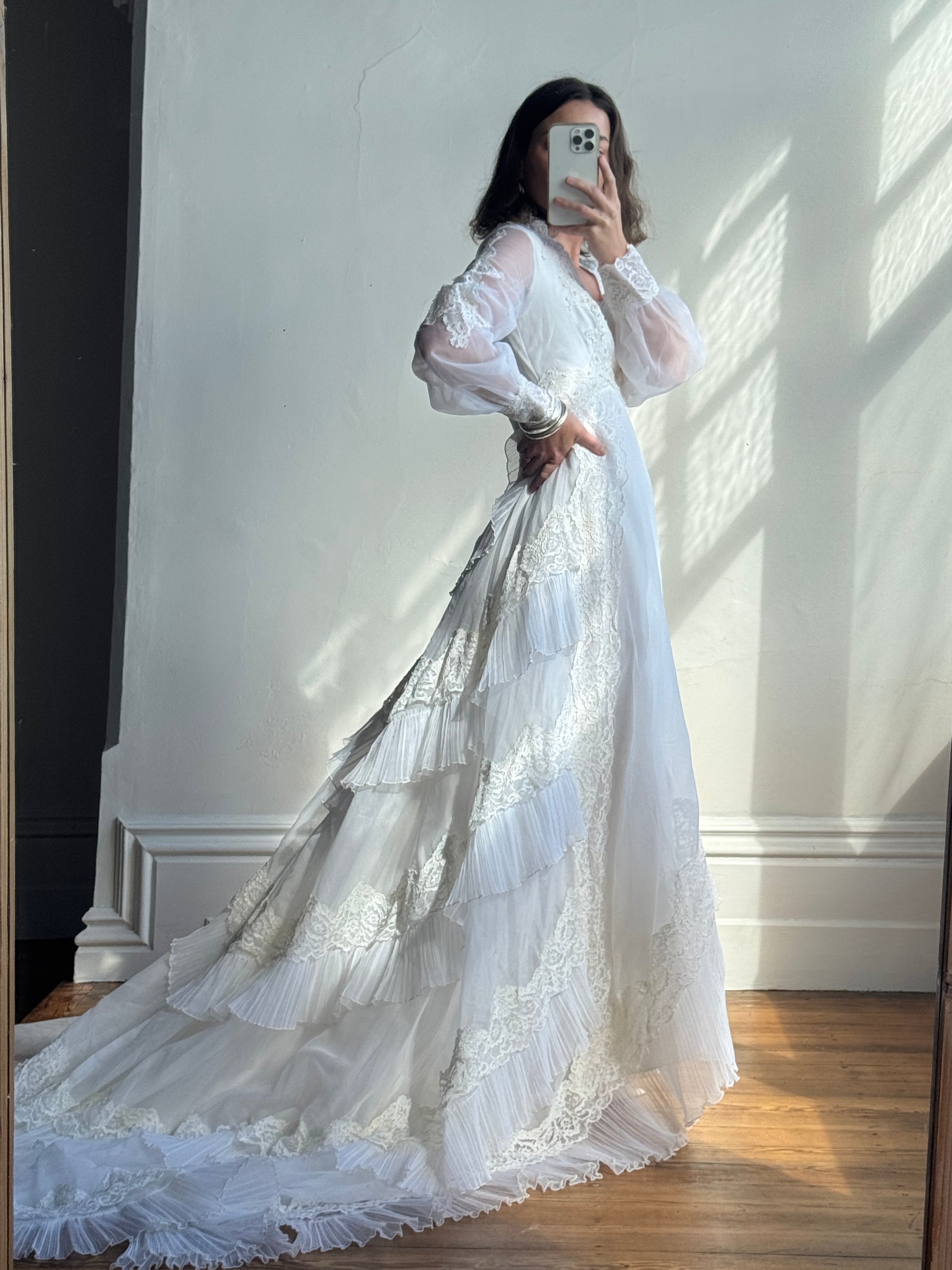 Vintage 60s Lace Wedding Dress With Pleated Ruffle Train